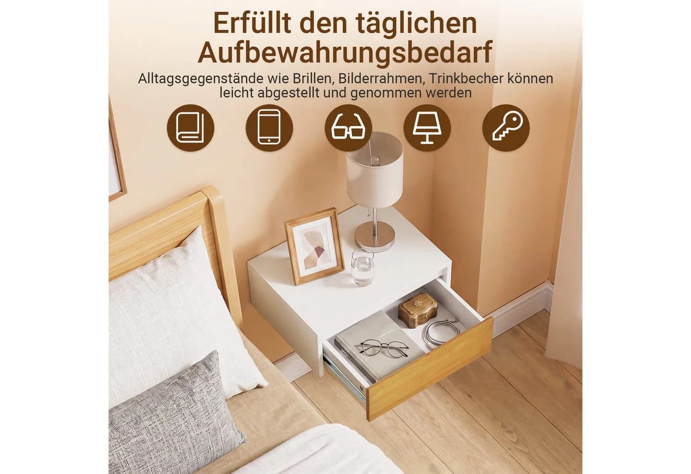 SoBuy Nachttisch FBT174 Wandregal mit Licht & Schubladen Weiß-Natur - Bild 5