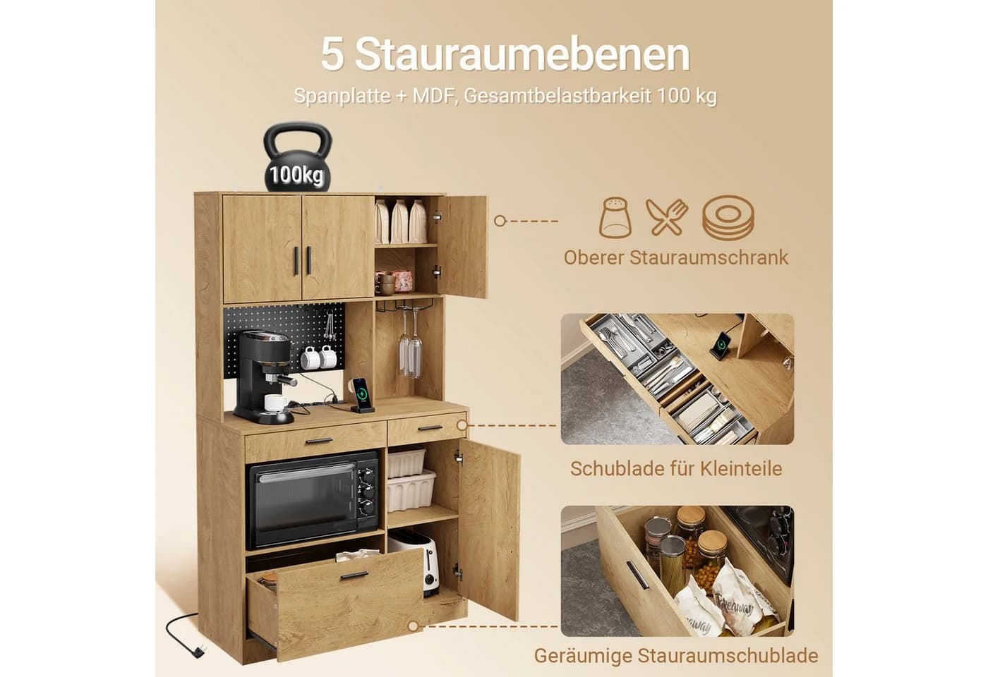SoBuy Küchenbuffet FSB98-L-E Natur Holzwerkstoff mit LED & USB - Bild 4