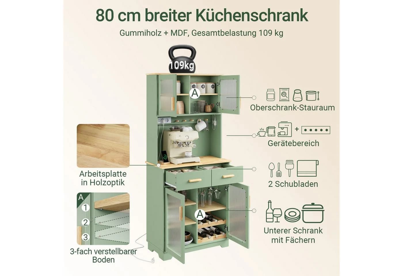 SoBuy Hochschrank FSB108-E mit LED, Steckdosen & USB-Anschluss Grün