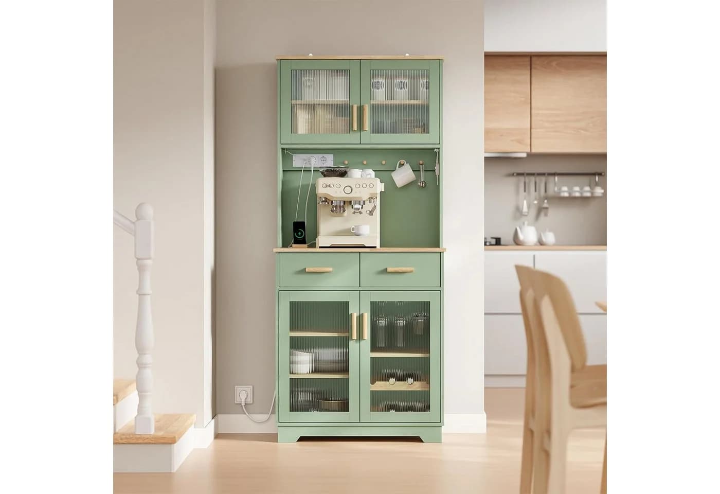 SoBuy Hochschrank FSB108-E mit LED, Steckdosen & USB-Anschluss Grün - Bild 2