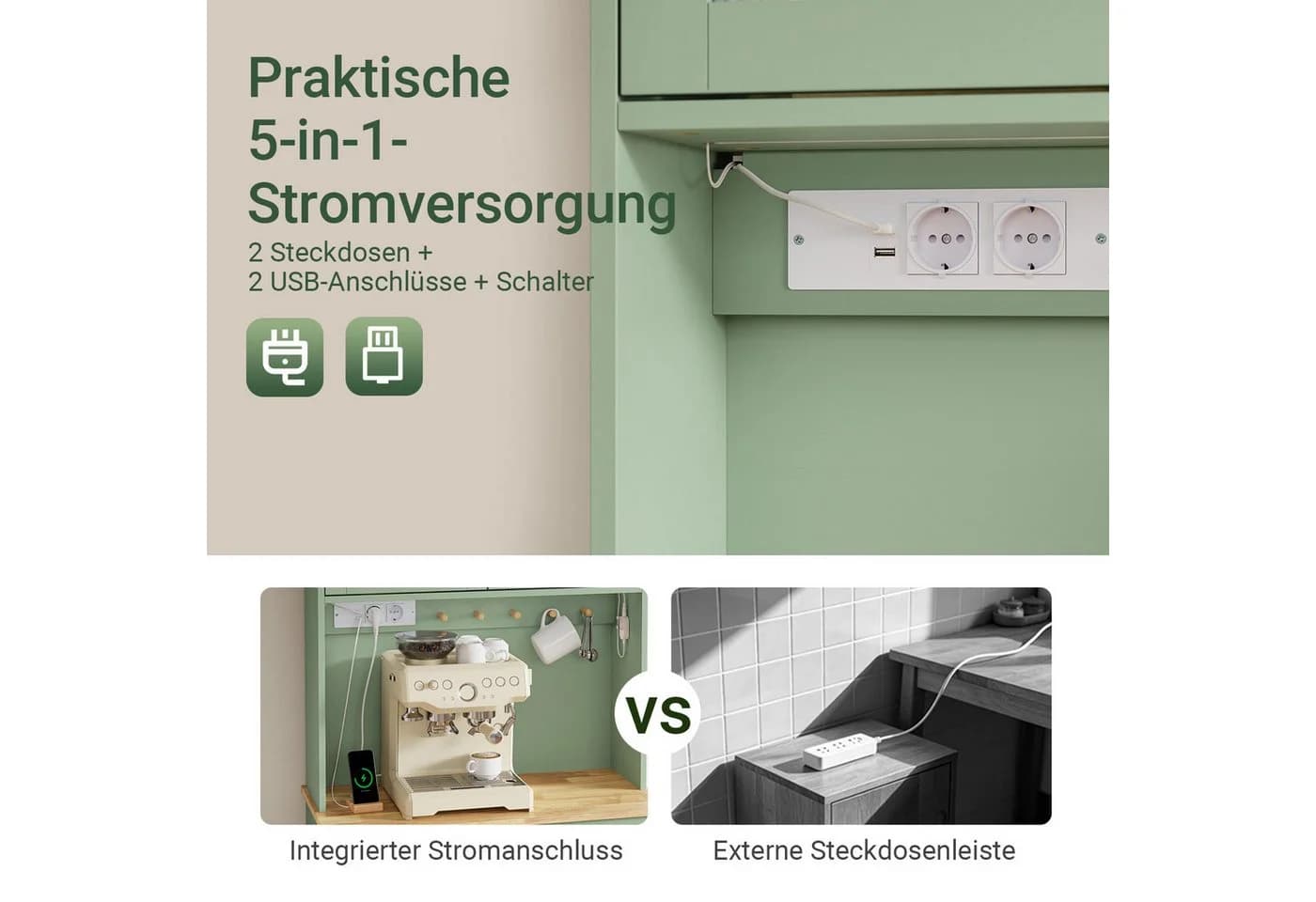 SoBuy Hochschrank FSB108-E mit LED, Steckdosen & USB-Anschluss Grün - Bild 3