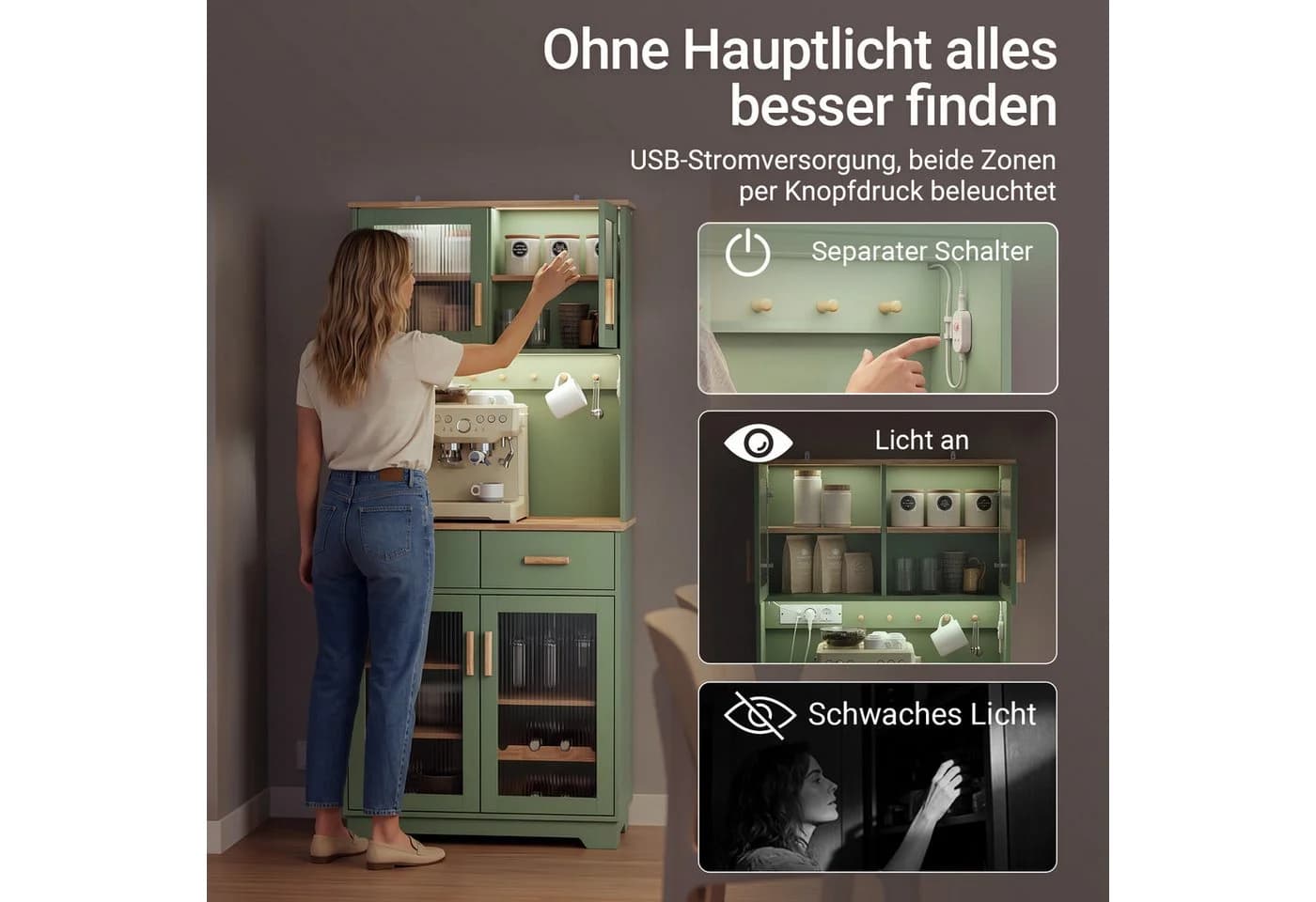 SoBuy Hochschrank FSB108-E mit LED, Steckdosen & USB-Anschluss Grün - Bild 4