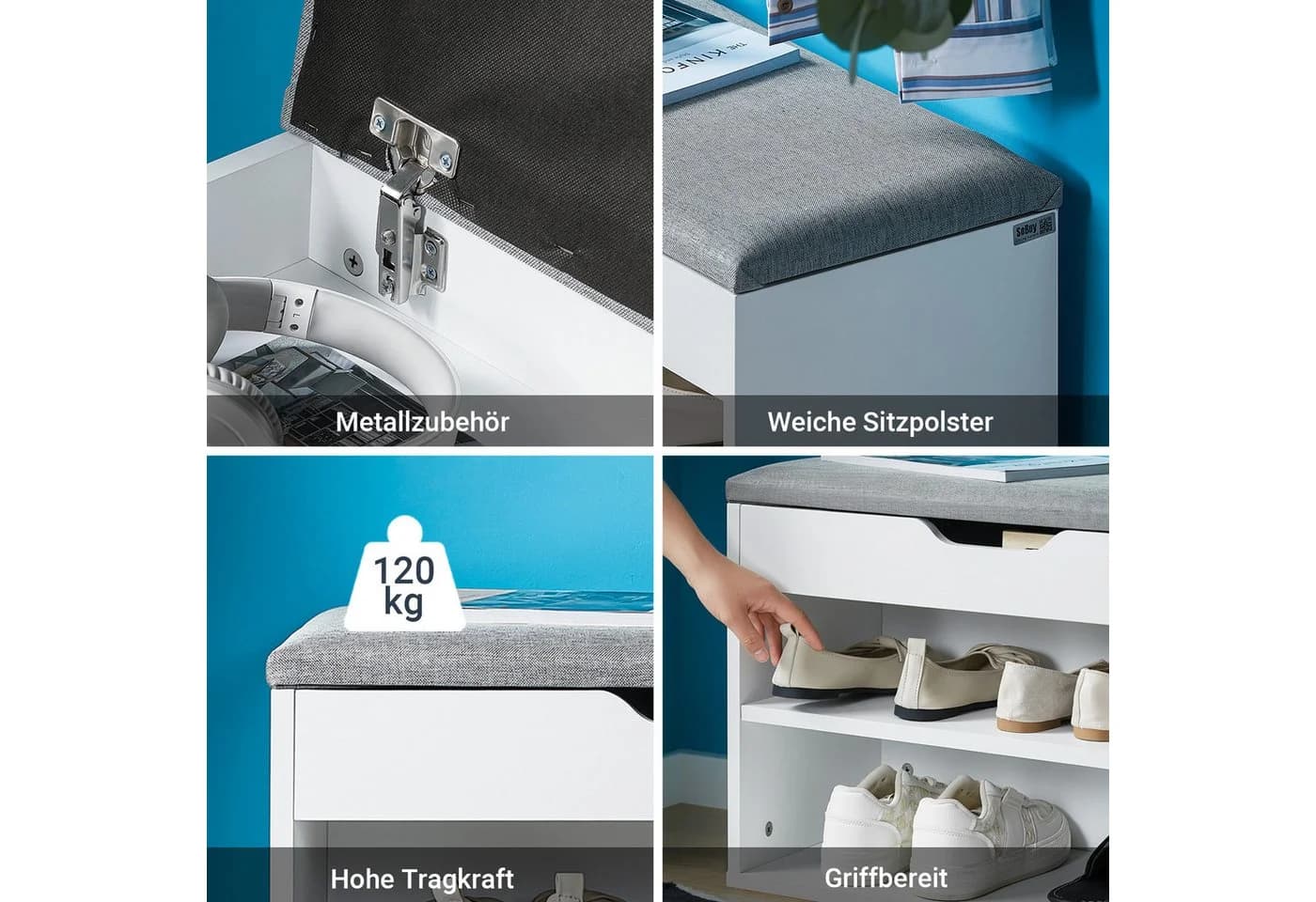 SoBuy Sitzbank FSR25 Schuhbank mit Stauraum und gepolsterter Sitzfläche Weiß - Bild 5