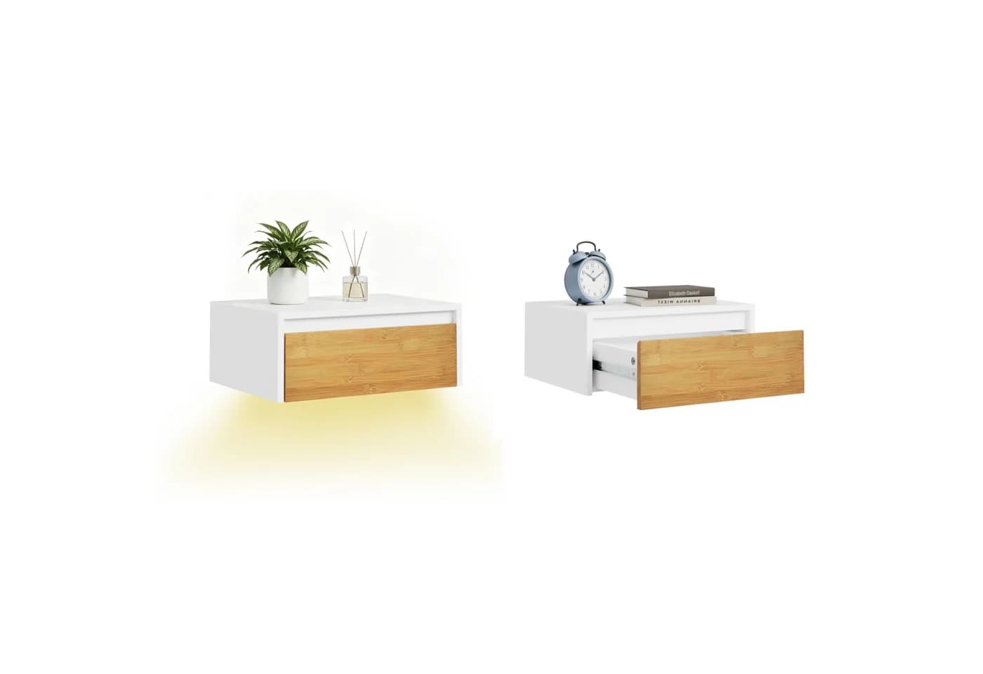 SoBuy Nachttisch 2er Set Weiß-Natur mit Bewegungssensor & Schublade - Bild 2