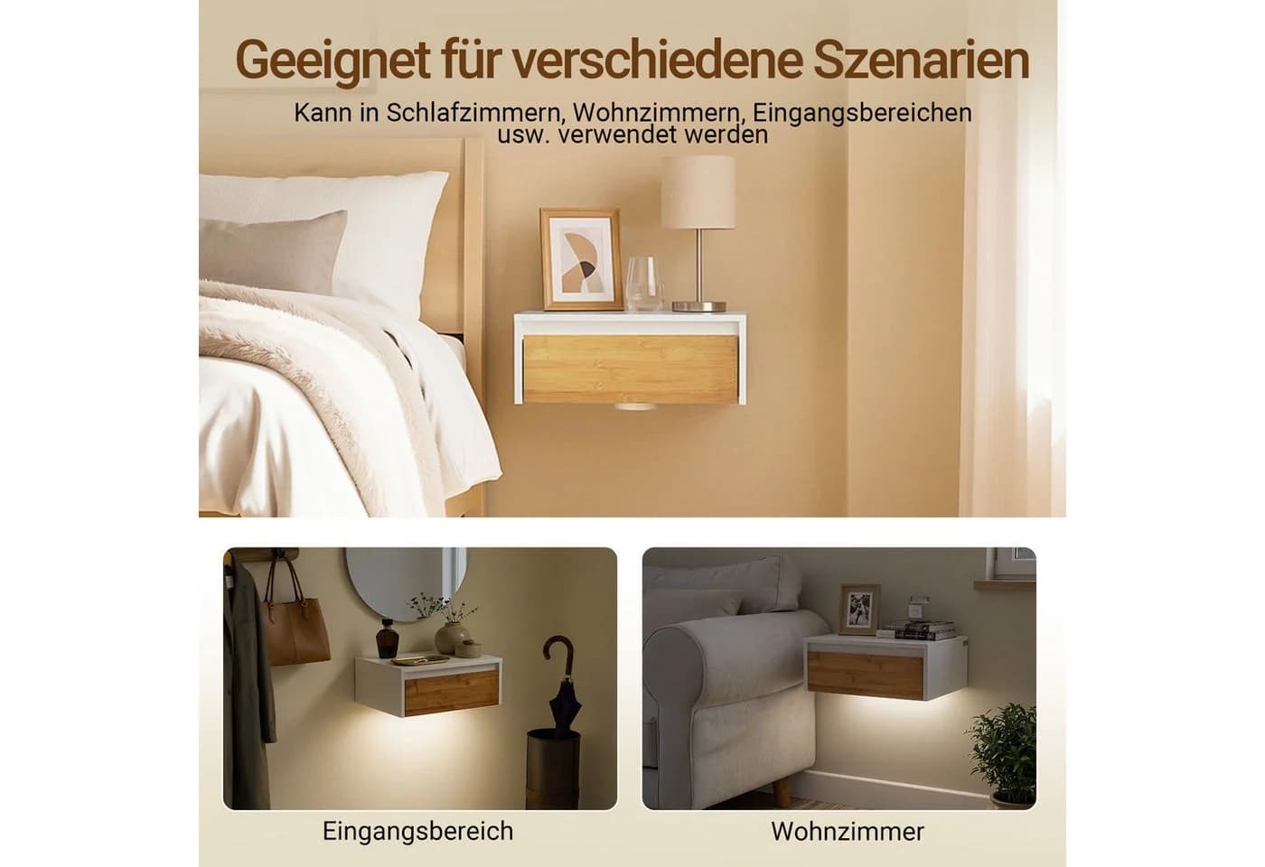 SoBuy Nachttisch 2er Set Weiß-Natur mit Bewegungssensor & Schublade - Bild 3