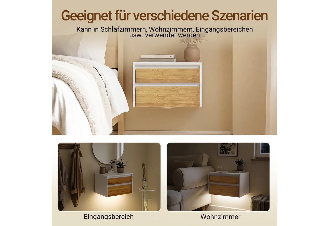 SoBuy 2er Set Nachttisch hängend mit Schublade & Licht - Bild 3
