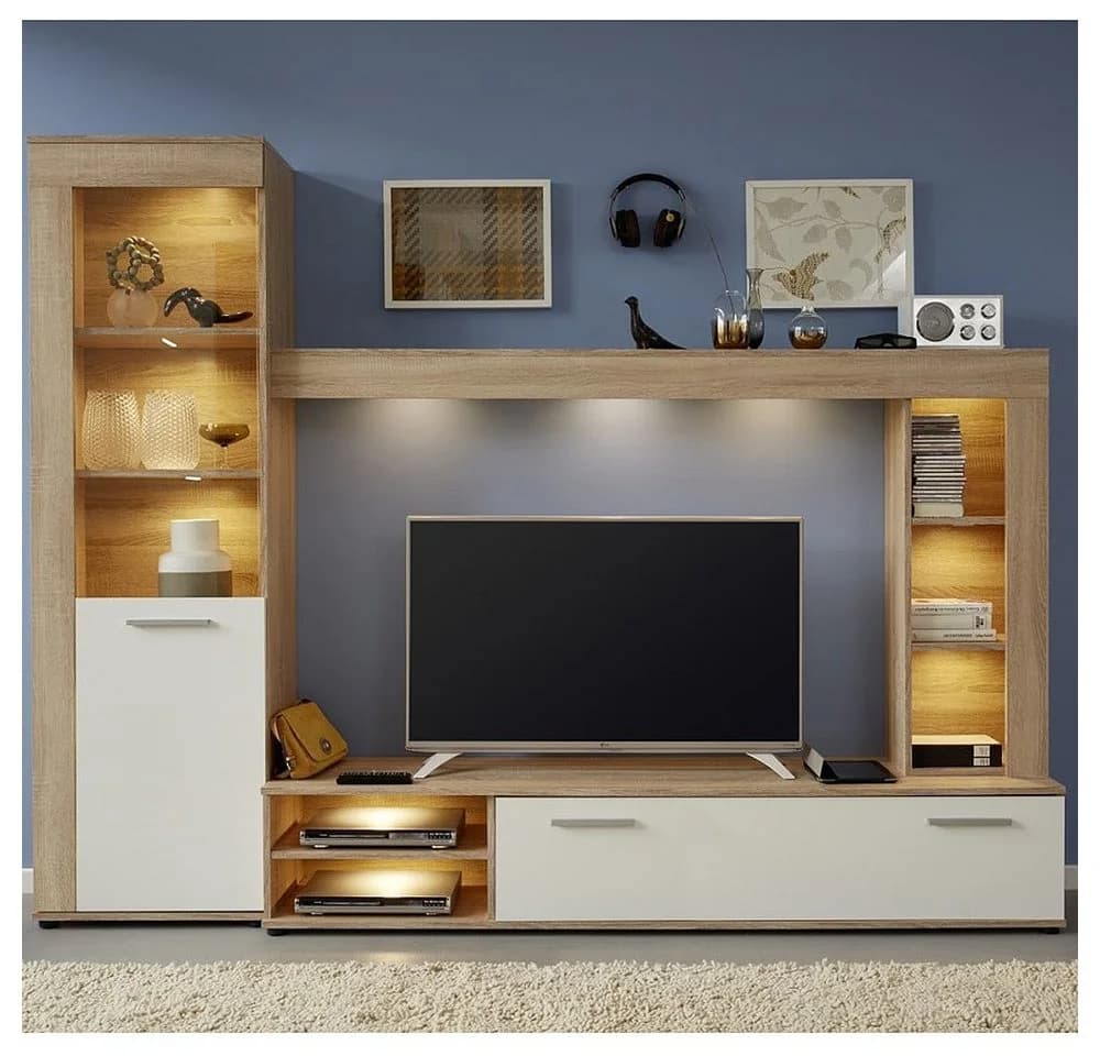 trendteam Wohnwand Eiche Weiß Vitrinenschrank TV-Lowboard