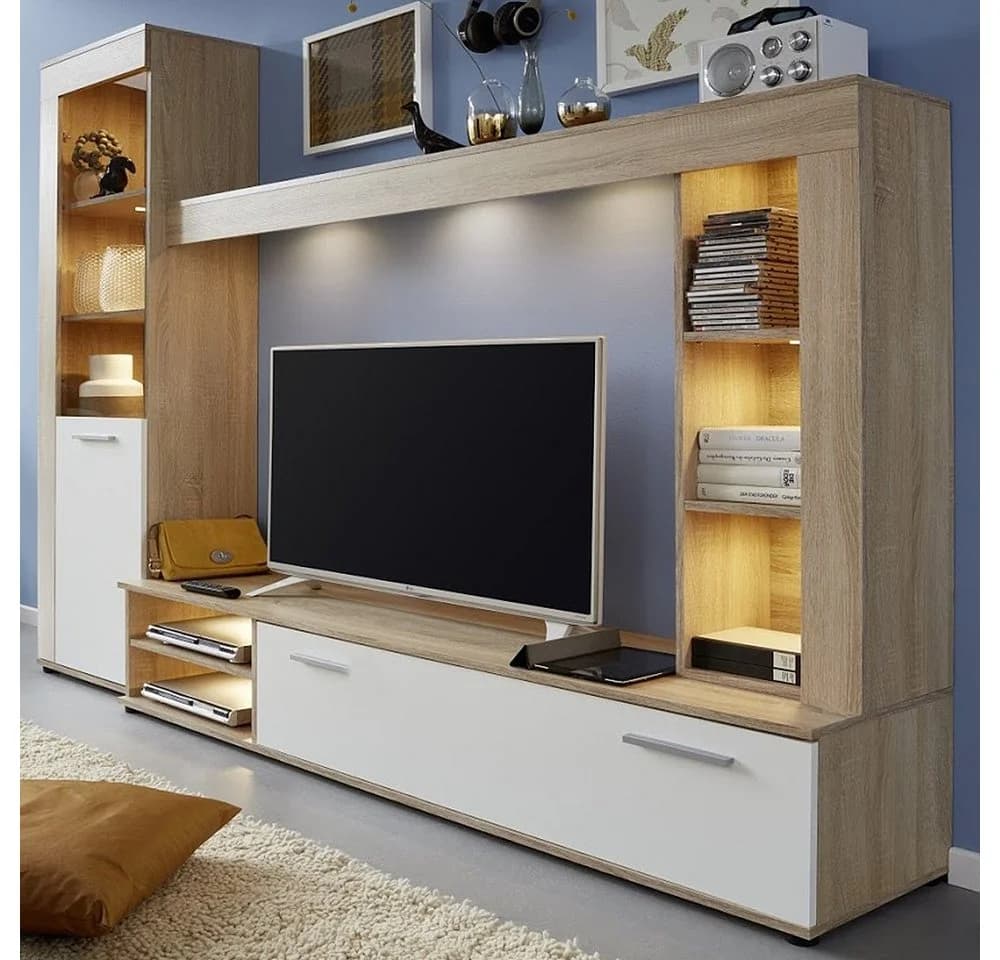 trendteam Wohnwand Eiche Weiß Vitrinenschrank TV-Lowboard - Bild 2
