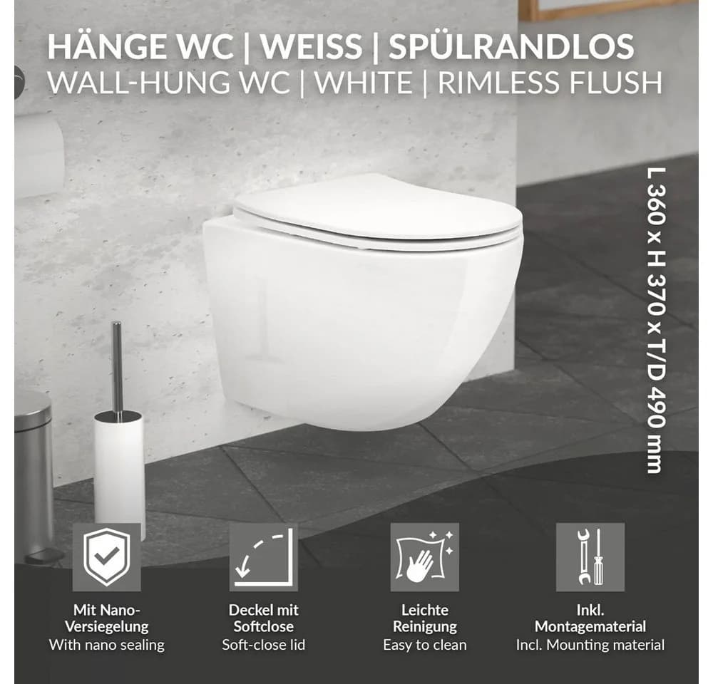 LuxeBath Spülrandloses Hänge-WC Weiß mit Softclose-Sitz & Nano-Beschichtung