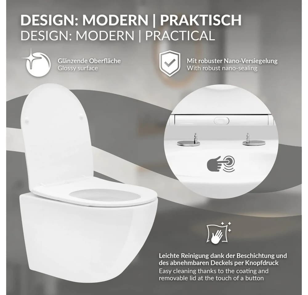 LuxeBath Spülrandloses Hänge-WC Weiß mit Softclose-Sitz & Nano-Beschichtung - Bild 3