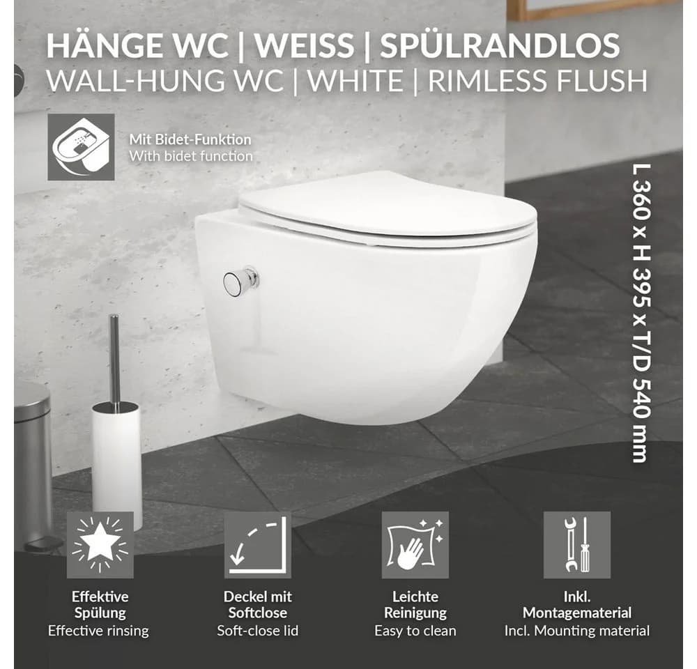 LuxeBath Hänge-WC mit Bidet-Funktion, spülrandlos, weiß