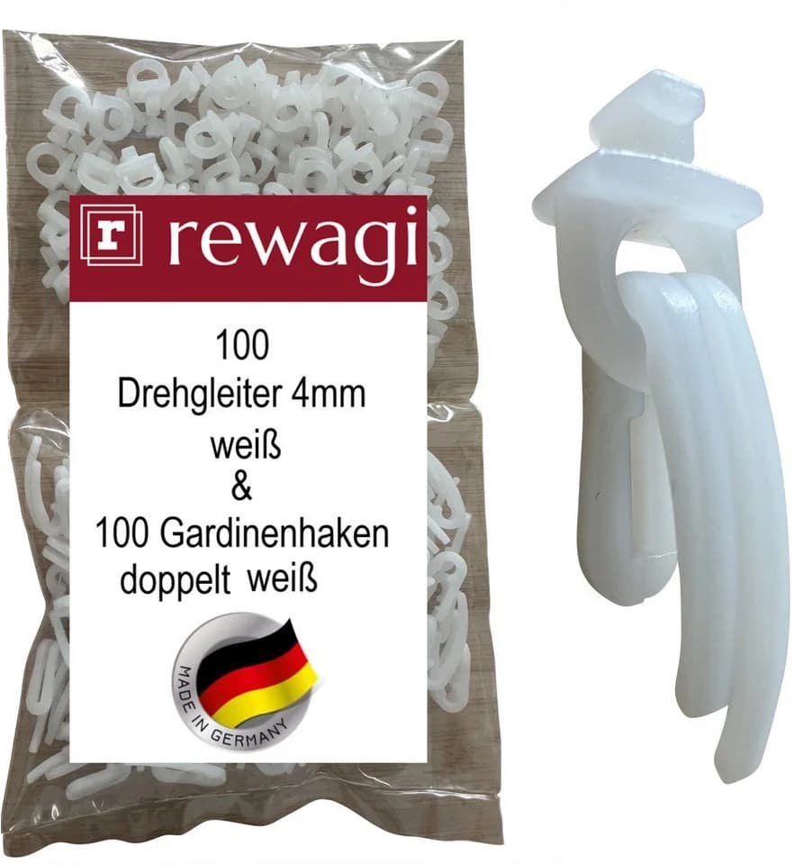 rewagi Gardinengleiter 100 Drehgleiter & 100 Gardinenhaken doppelt für Gardinenschiene, Gardinenleiste, Gardinen, Vorhänge - Bild 2