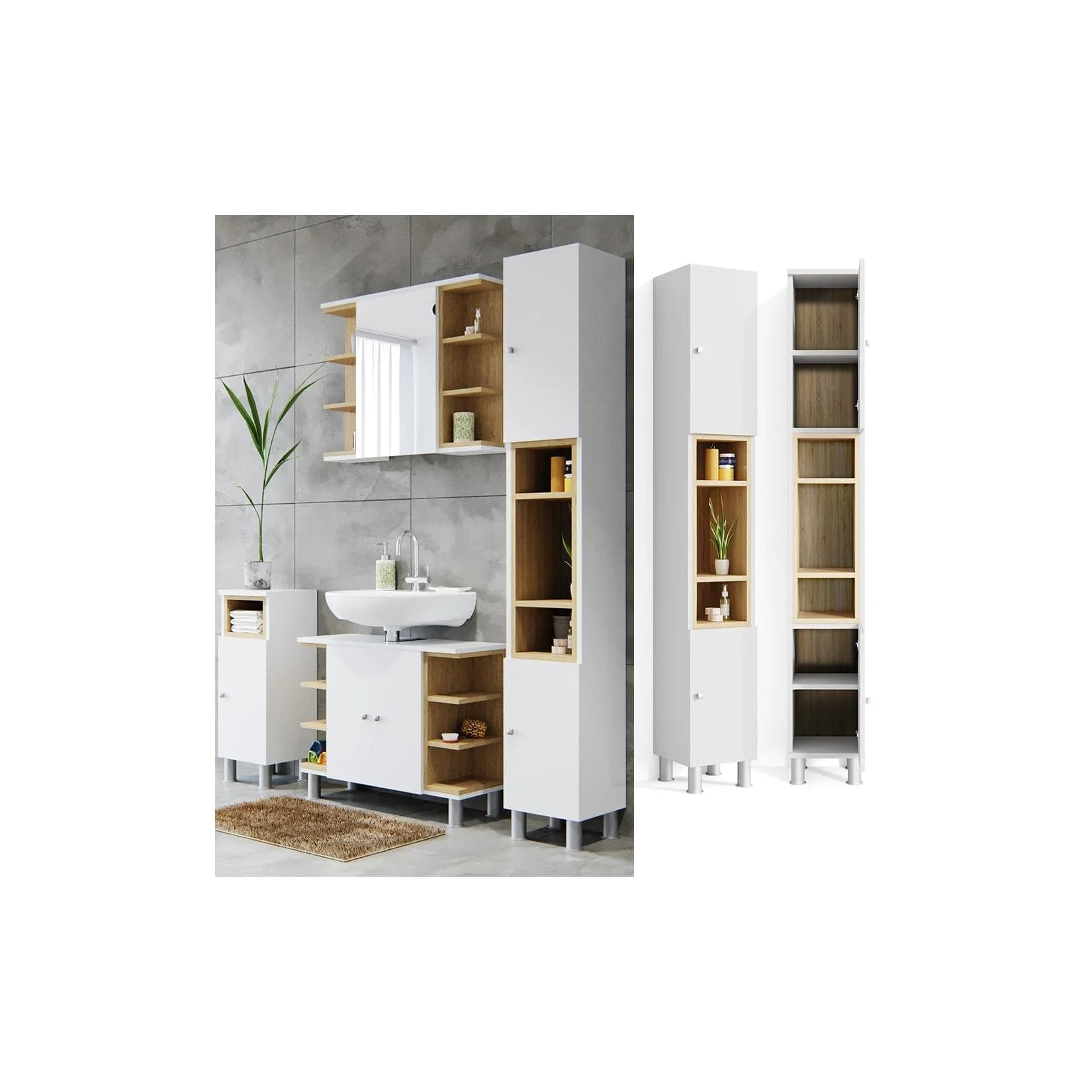 Vicco Badschrank Aquis Hochschrank Eiche Weiß