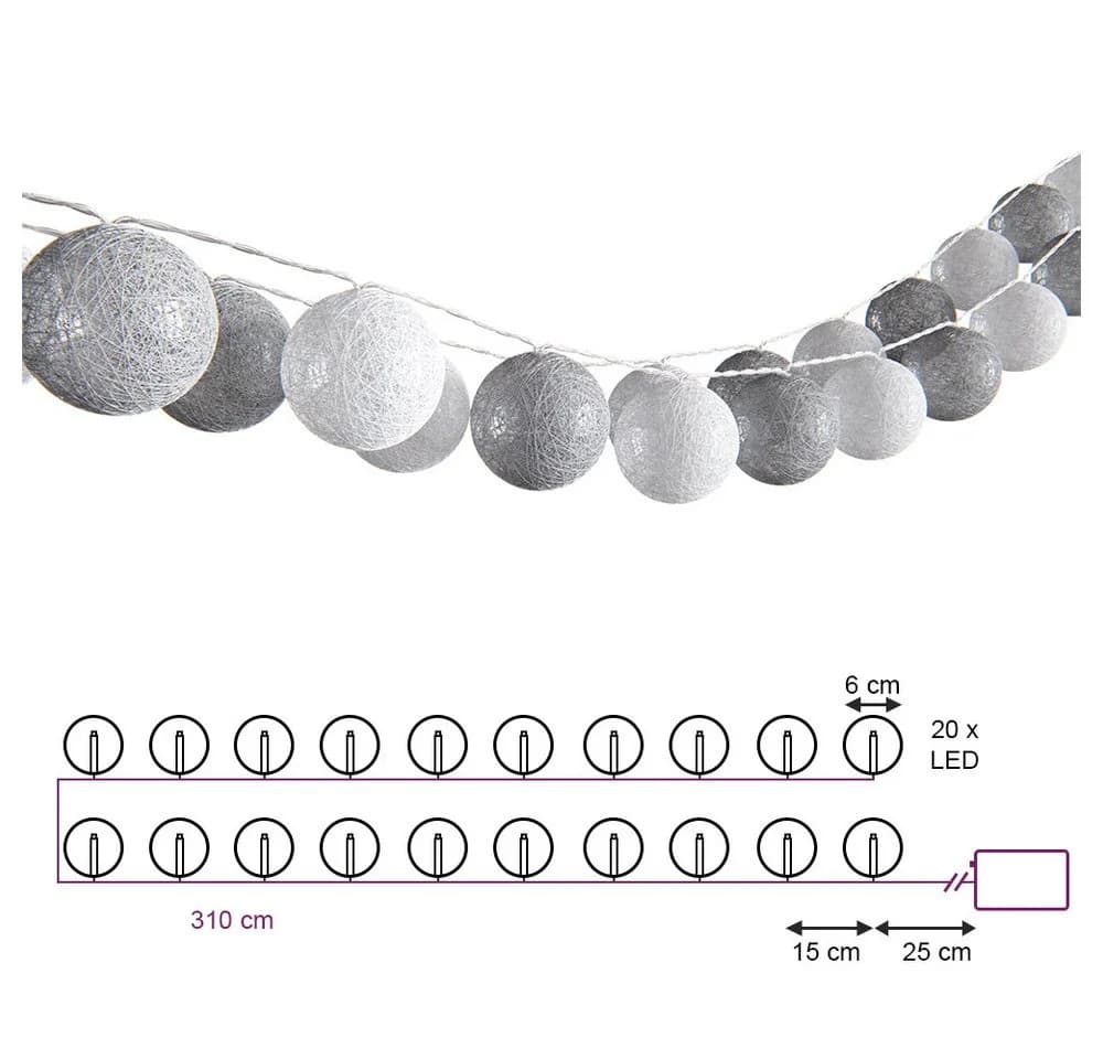 Vicco LED-Lichterkette Grau/Weiß 310 cm mit 20 Baumwollkugeln - Bild 3
