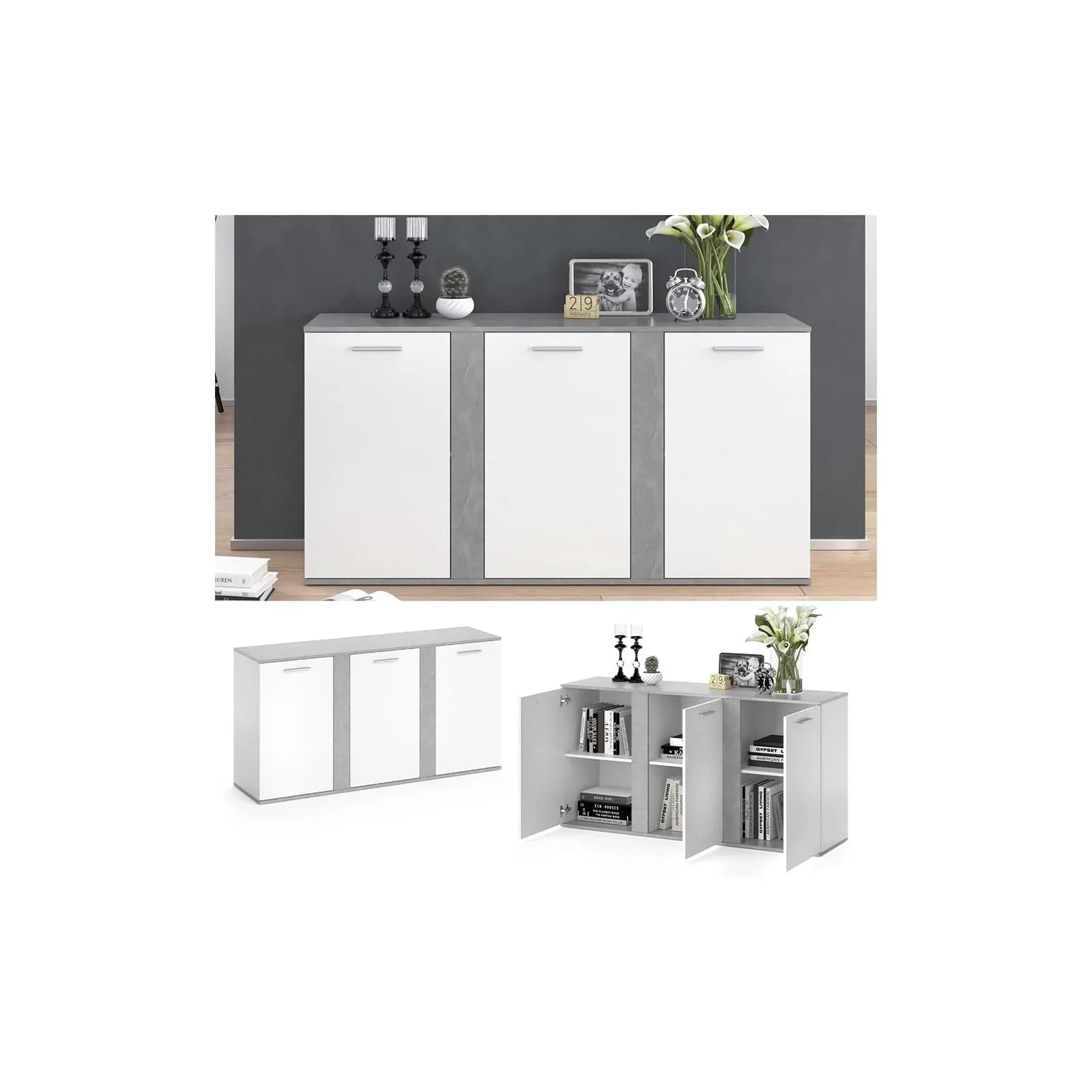 Vicco Sideboard Novelli Weiß Beton 3 Türen