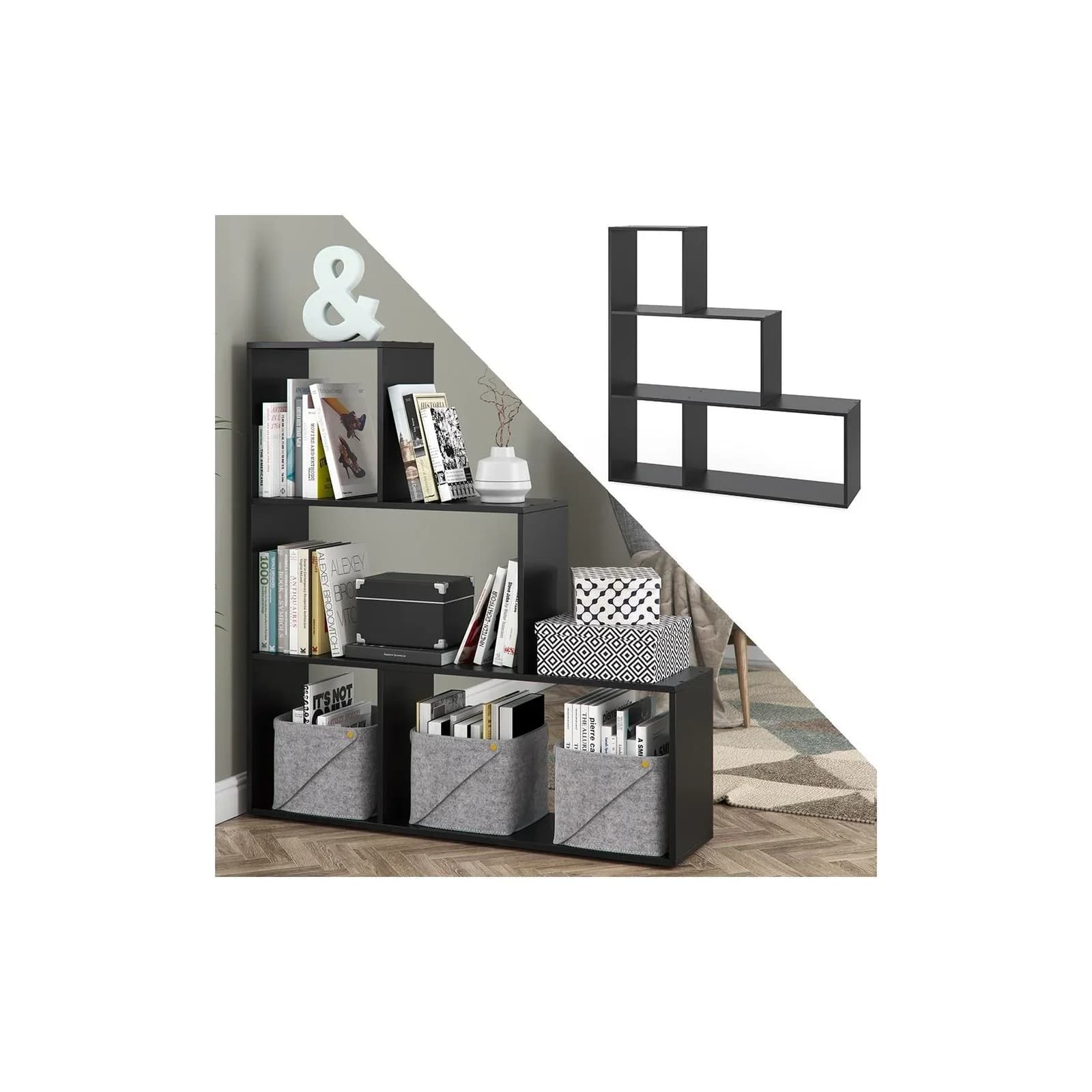 VICCO Treppenregal ASYM Schwarz 4 Fach Bücherregal Standregal
