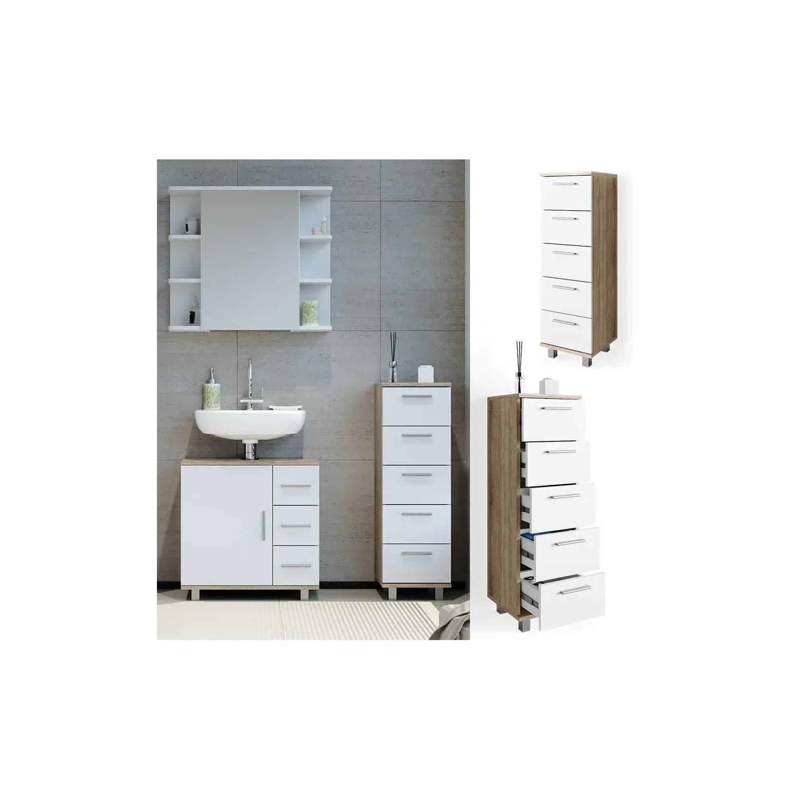 Vicco Badschrank Ilias Weiß Sonoma Midischrank mit 5 Schubladen