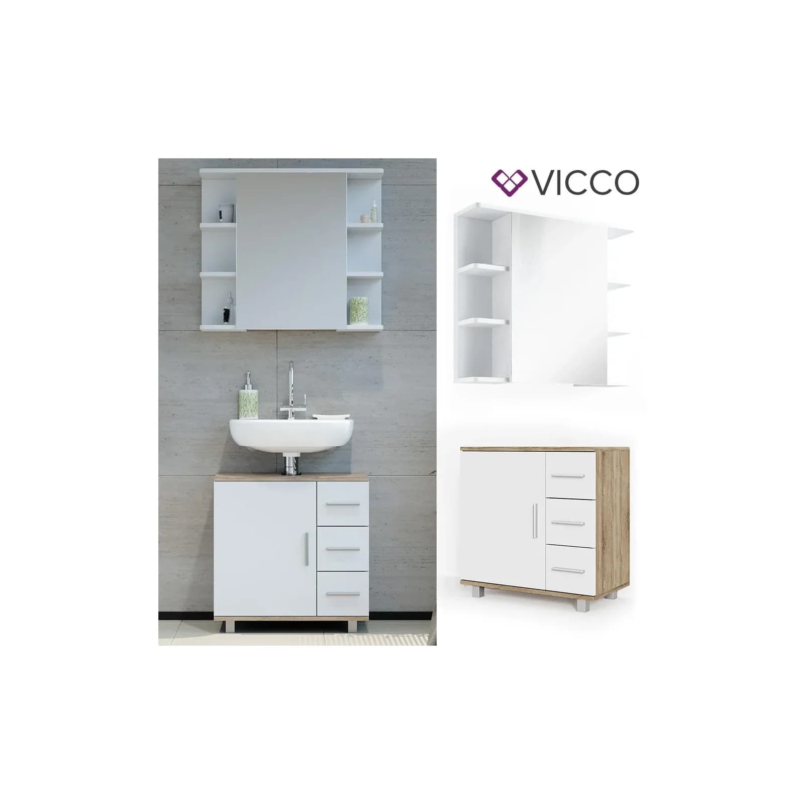 VICCO Badmöbel Set ILIAS Weiß Eiche Spiegel Kommode Unterschrank
