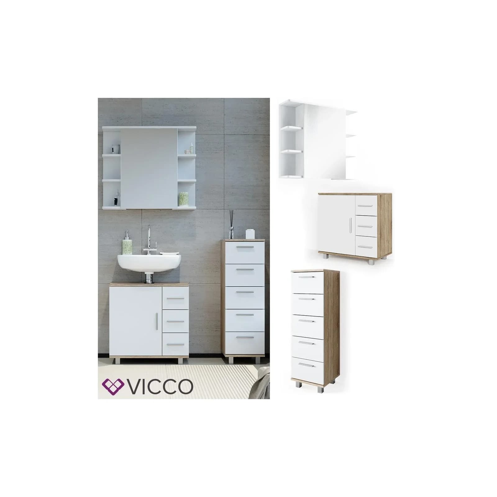 VICCO Badmöbel Set ILIAS Weiß Eiche Spiegel Kommode Unterschrank