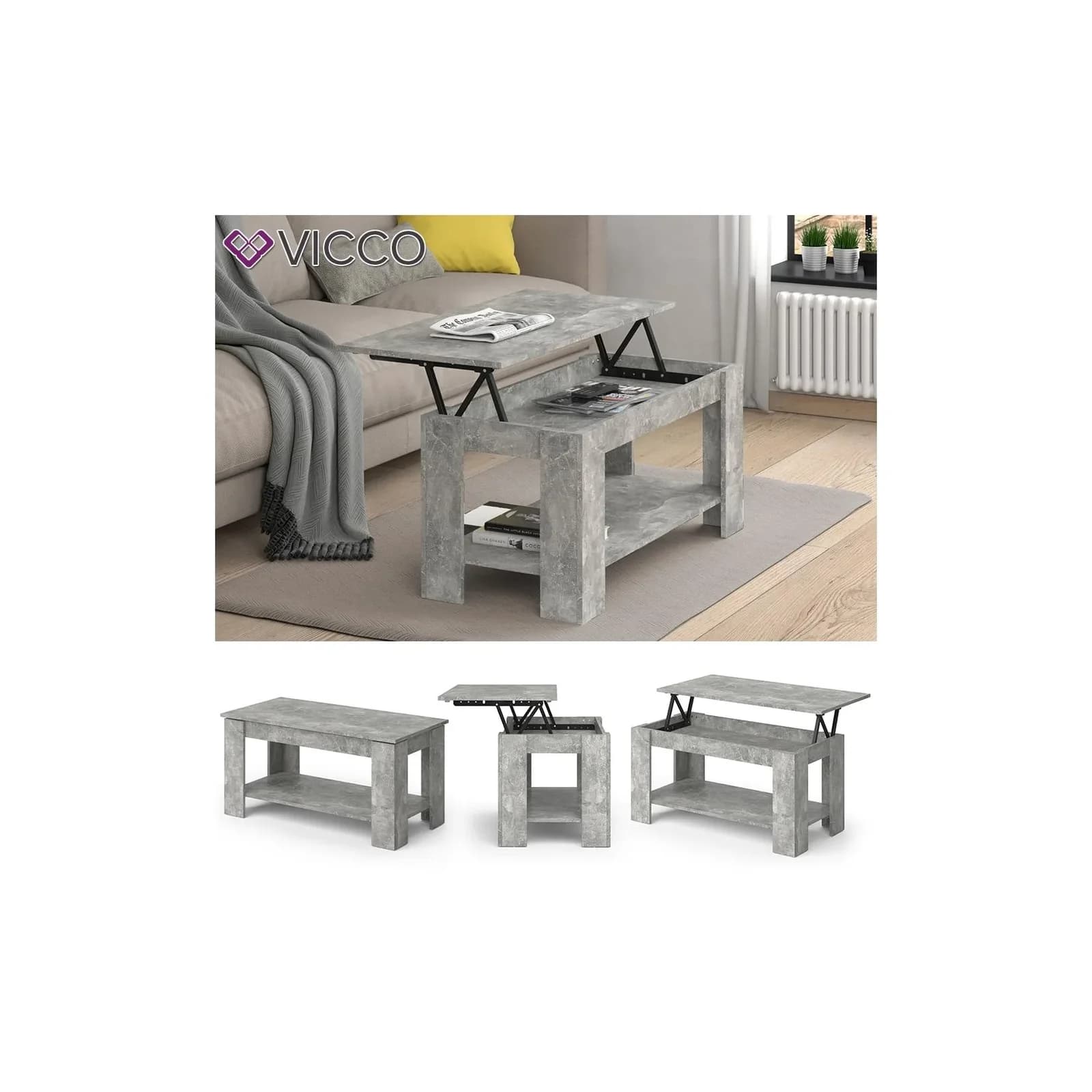 Vicco Couchtisch Lorenz Beton Liftfunktion höhenverstellbar