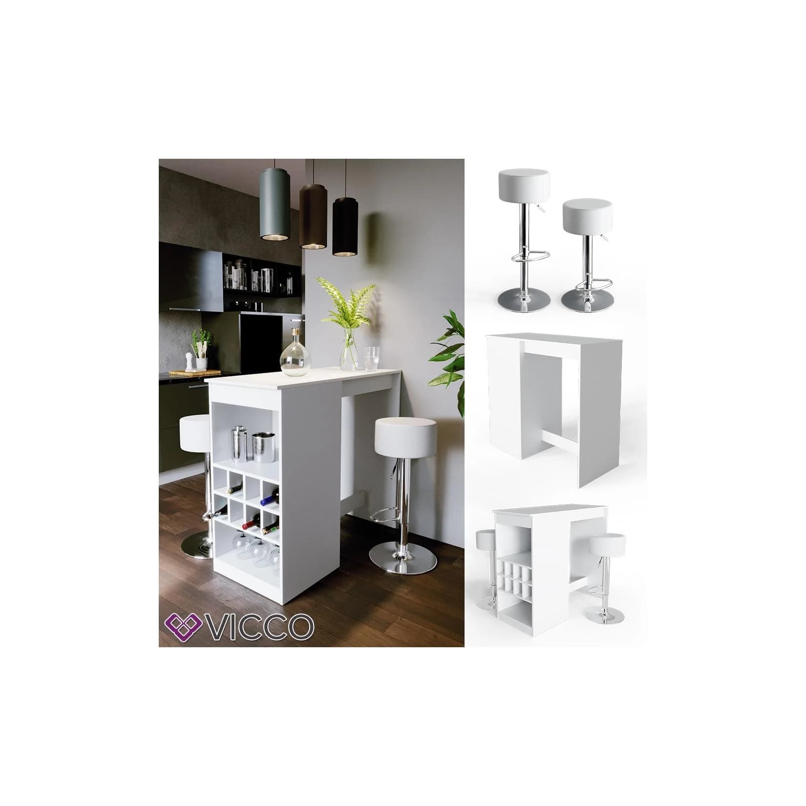 VICCO Bartisch ROSS Weiß inkl. Barhocker - Kratzfester Stehtisch