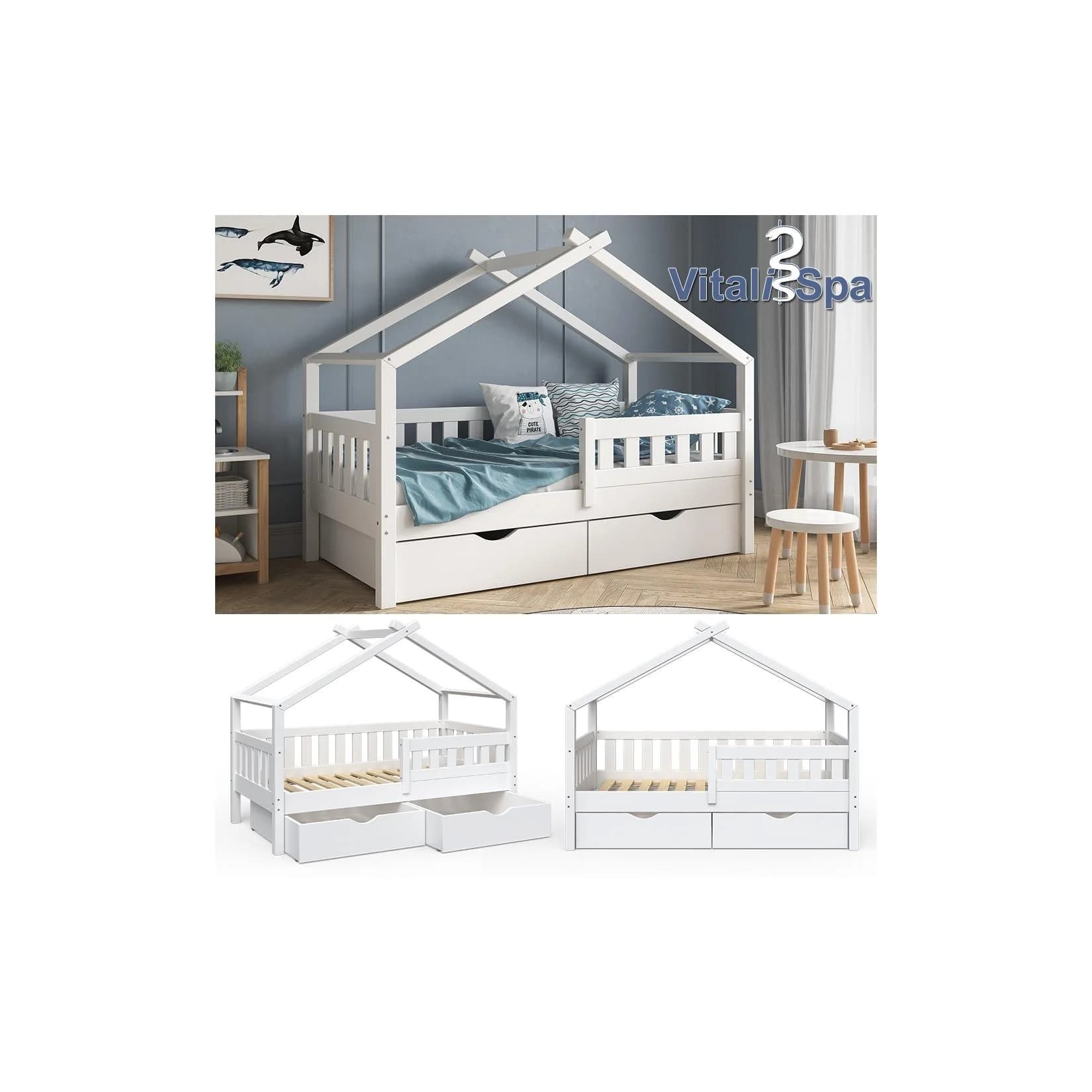 VitaliSpa® Hausbett Design Weiß mit 2 Schubladen und Lattenrost