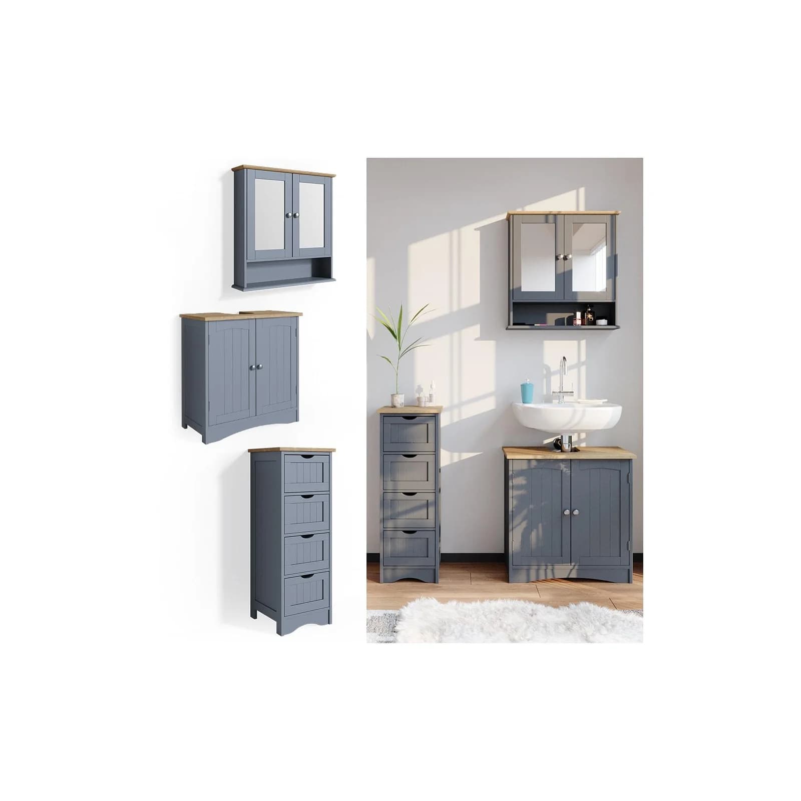 Vicco Badmöbel Set 3-tlg. Grau Spiegelschrank & Waschtischunterschrank