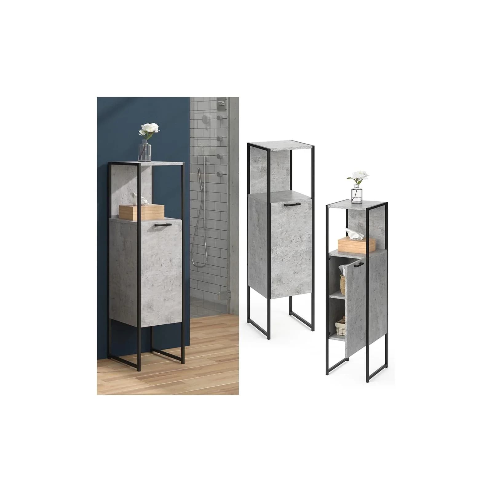 Vicco Midischrank Fyrk Beton/Schwarz 3 Fächer Badregal
