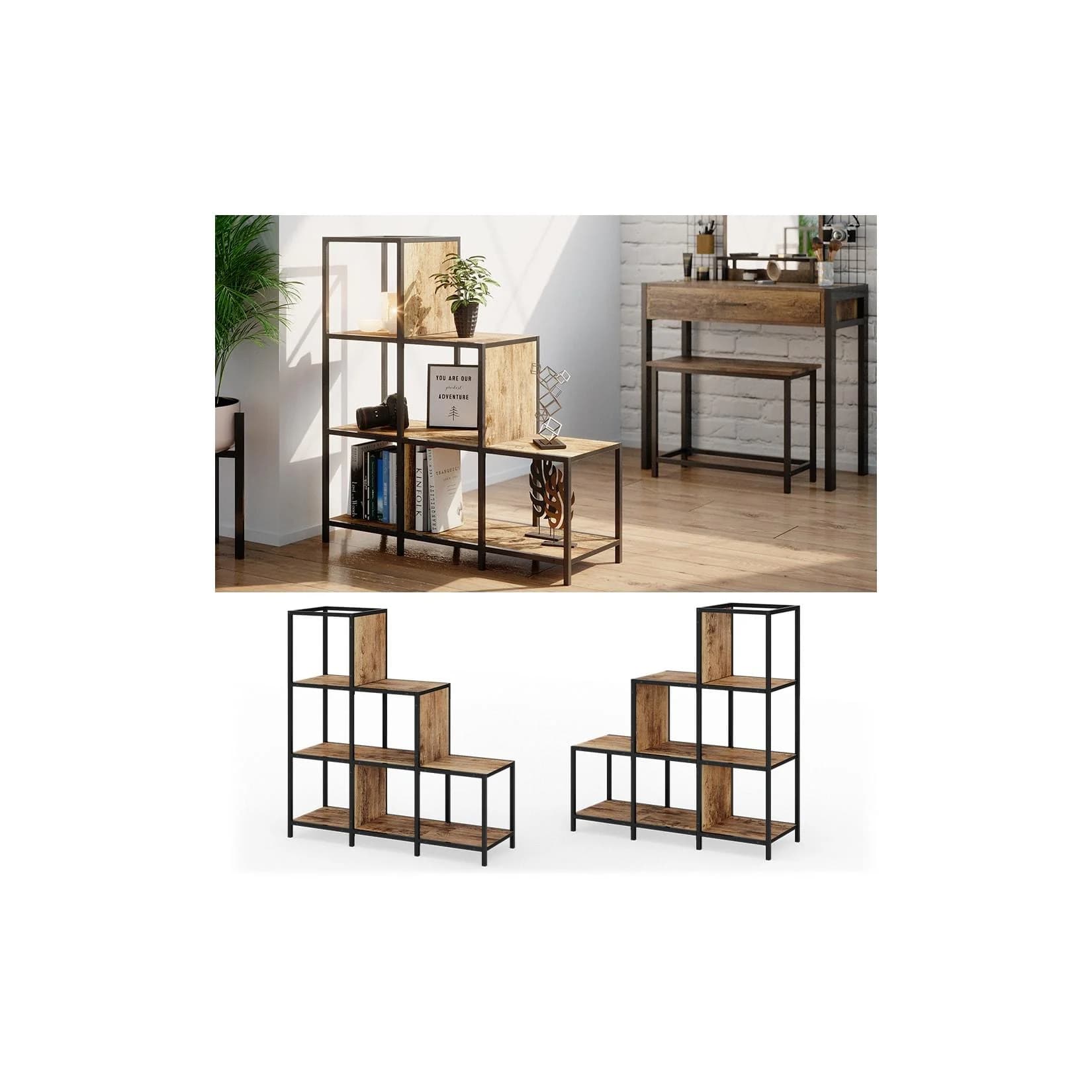 Vicco Treppenregal Fyrk 6 Fächer Antikholz-Optik Metallgestell
