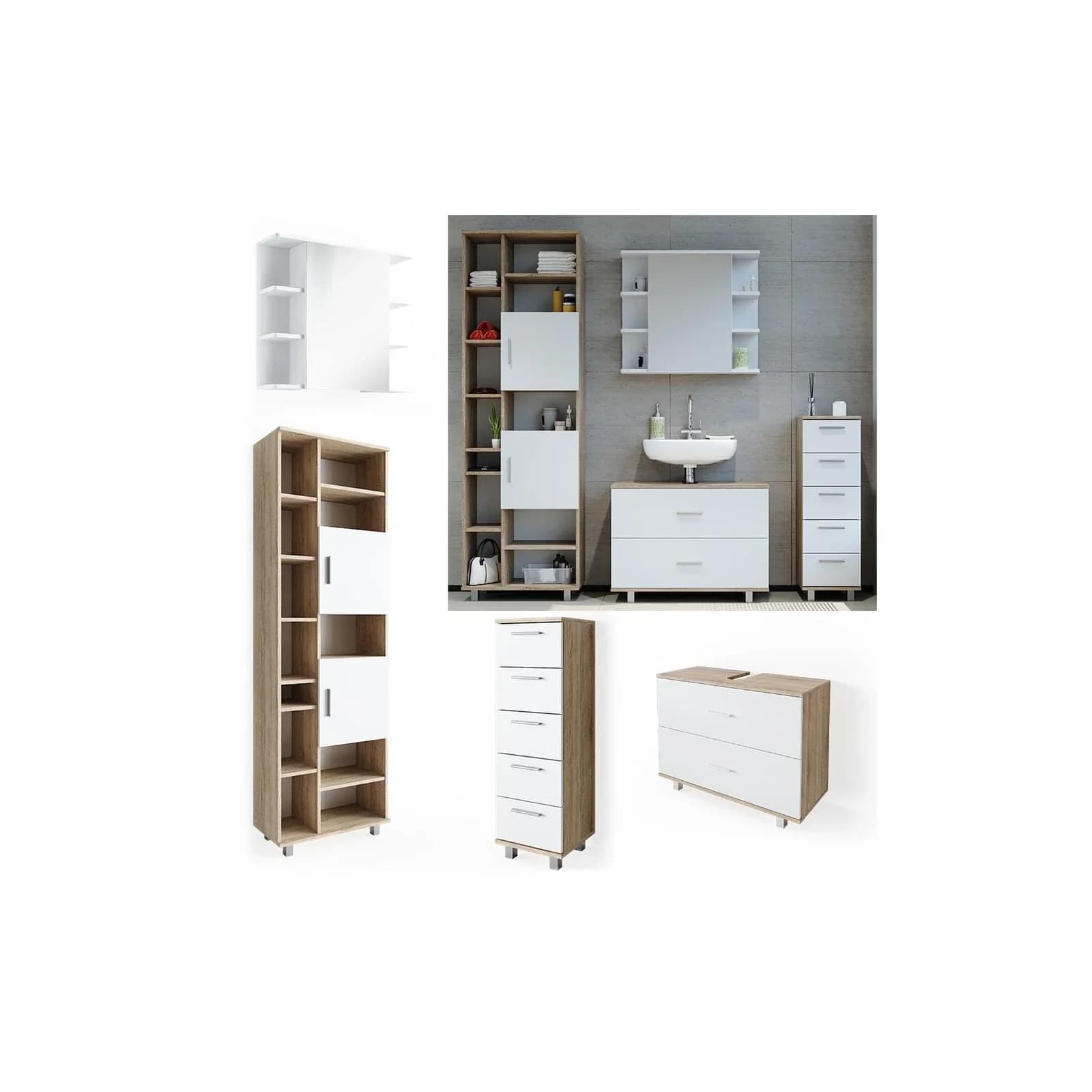 VICCO Badmöbel Set ILIAS Weiß Eiche Spiegel Kommode Unterschrank