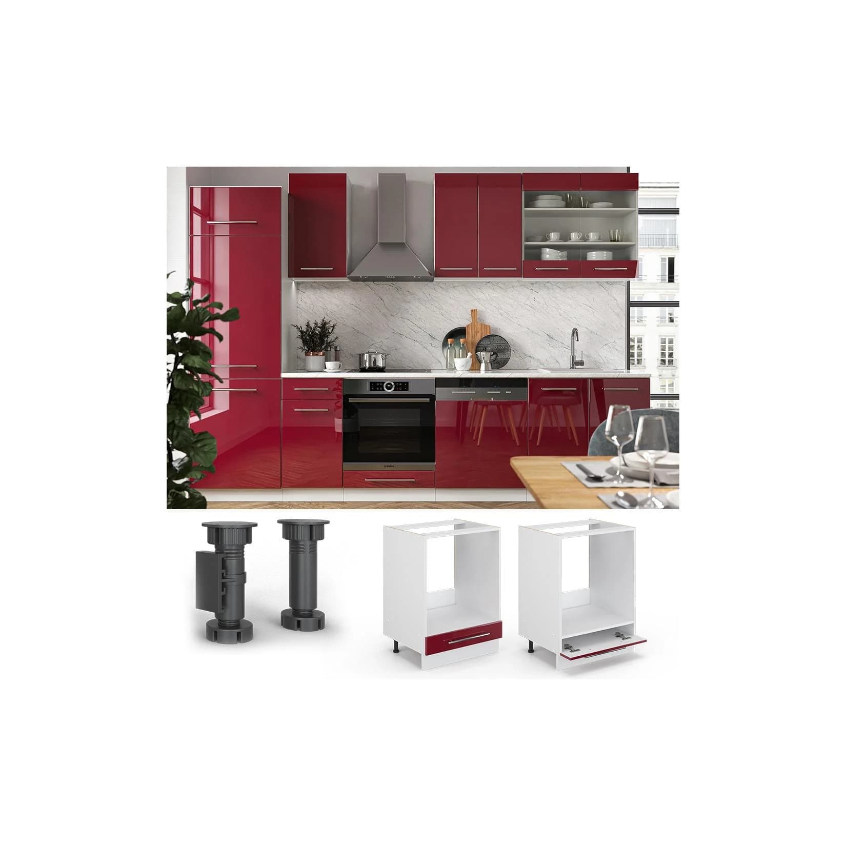 Vicco Herdumbauschrank Fame-Line Bordeaux Hochglanz Weiß 60 cm