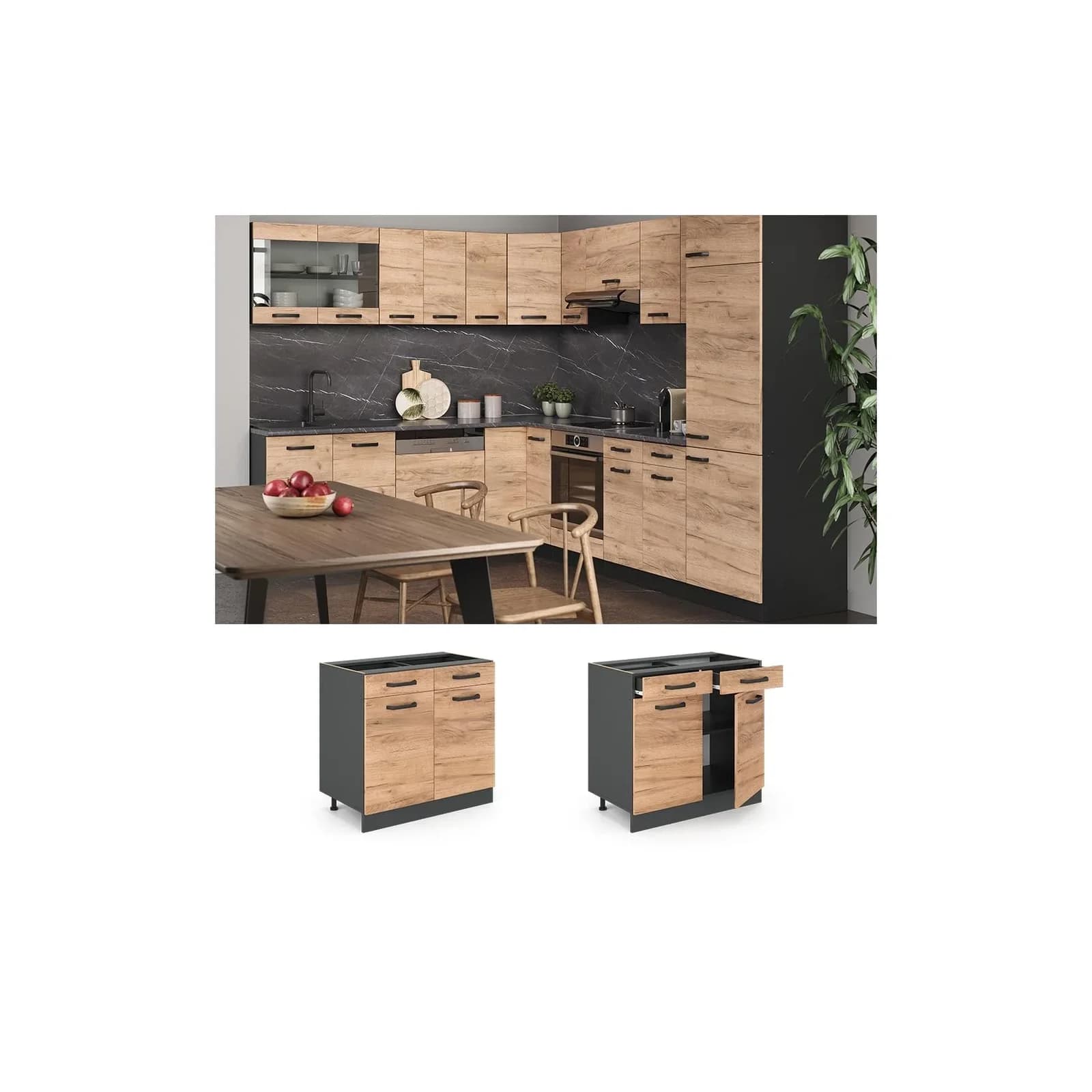 Vicco Unterschrank R-Line Schubladenunterschrank Goldkraft Eiche Anthrazit
