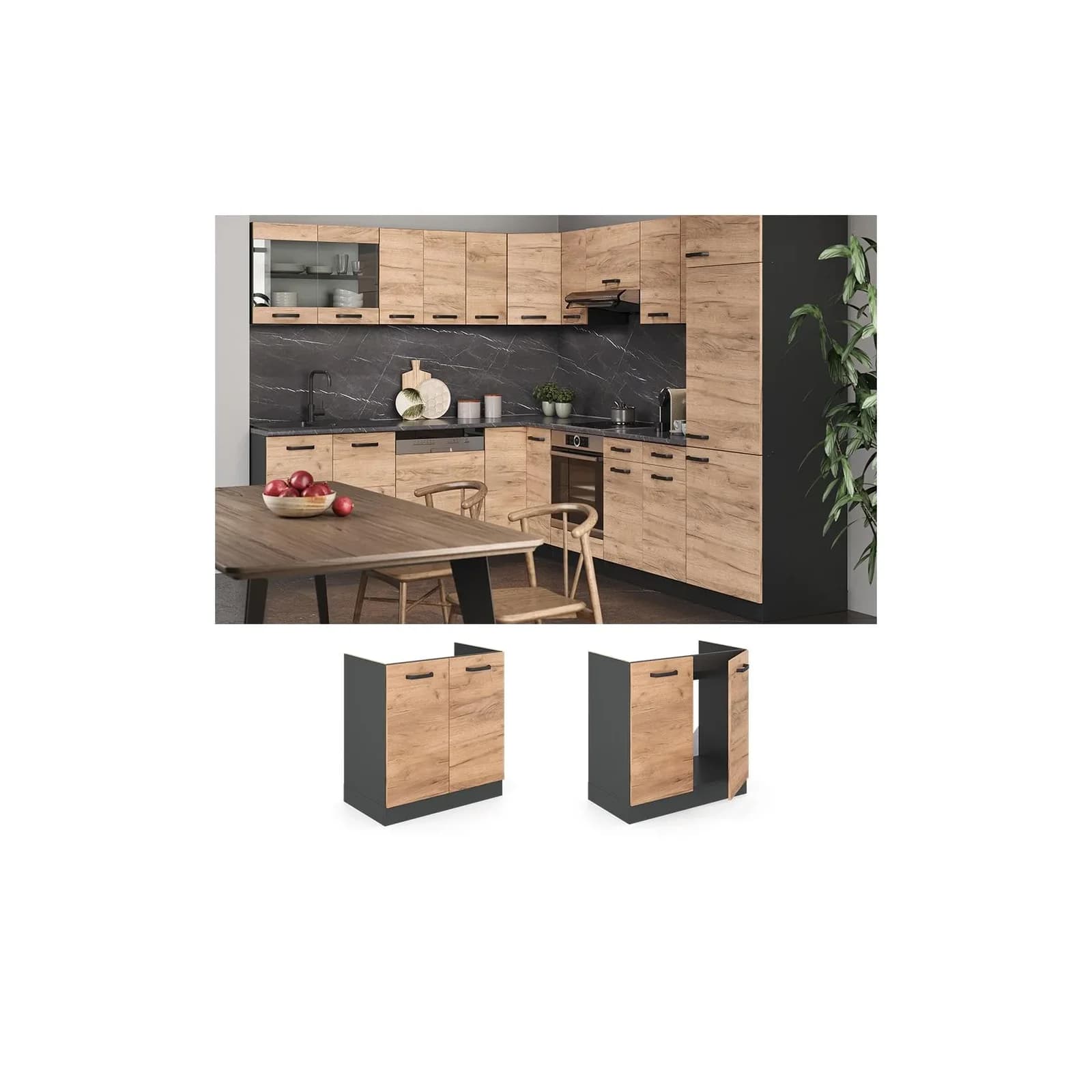 Vicco Unterschrank R-Line Spülenunterschrank Goldkraft Eiche Anthrazit