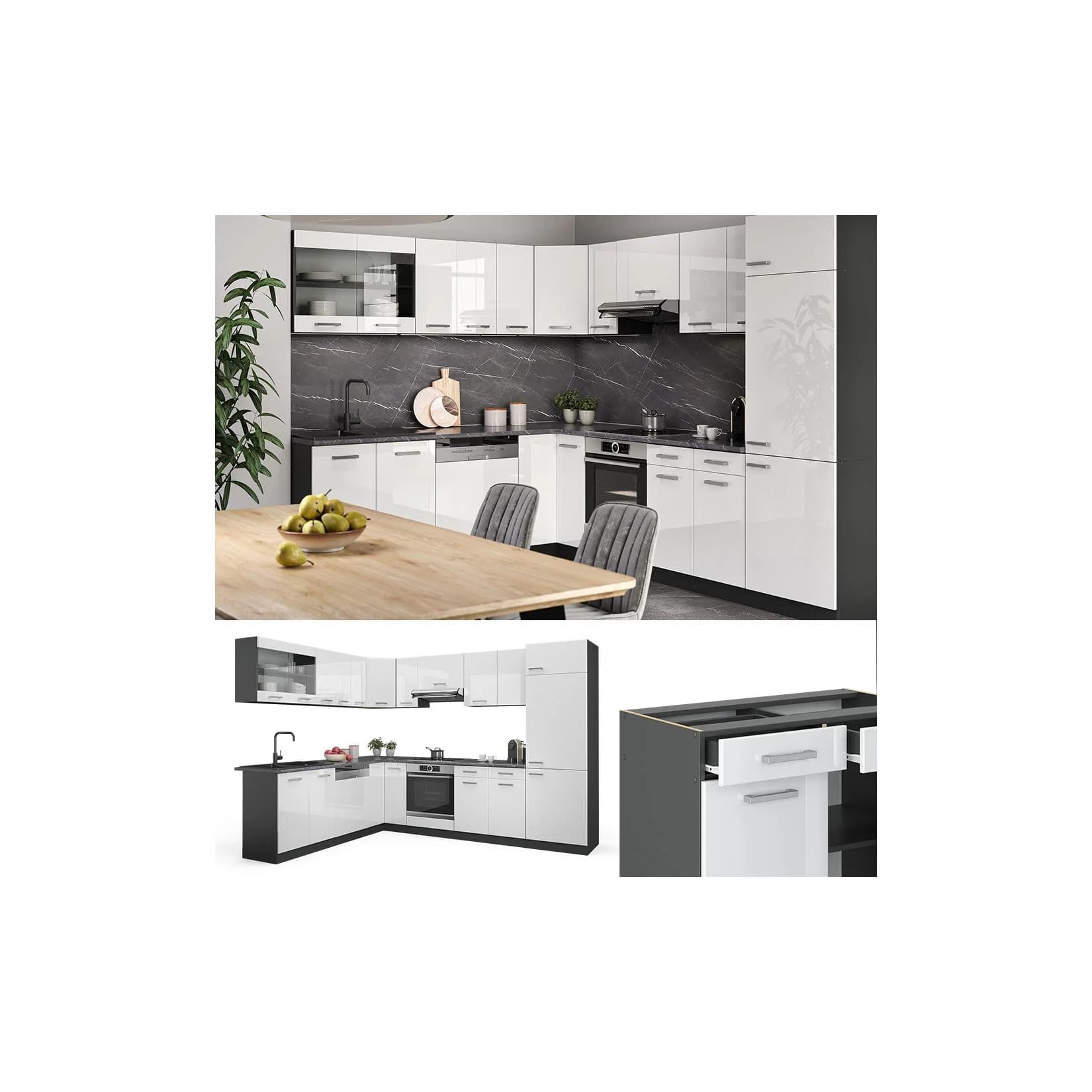 Vicco Winkelküche R-Line Weiß Hochglanz Anthrazit L-Form