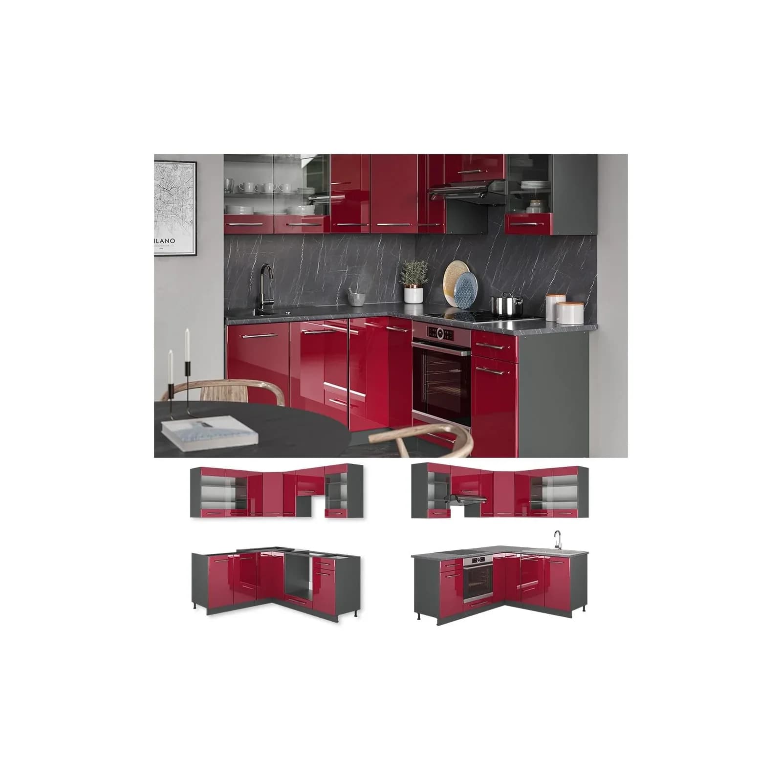 Vicco Winkelküche Fame-Line Bordeaux Hochglanz/Anthrazit