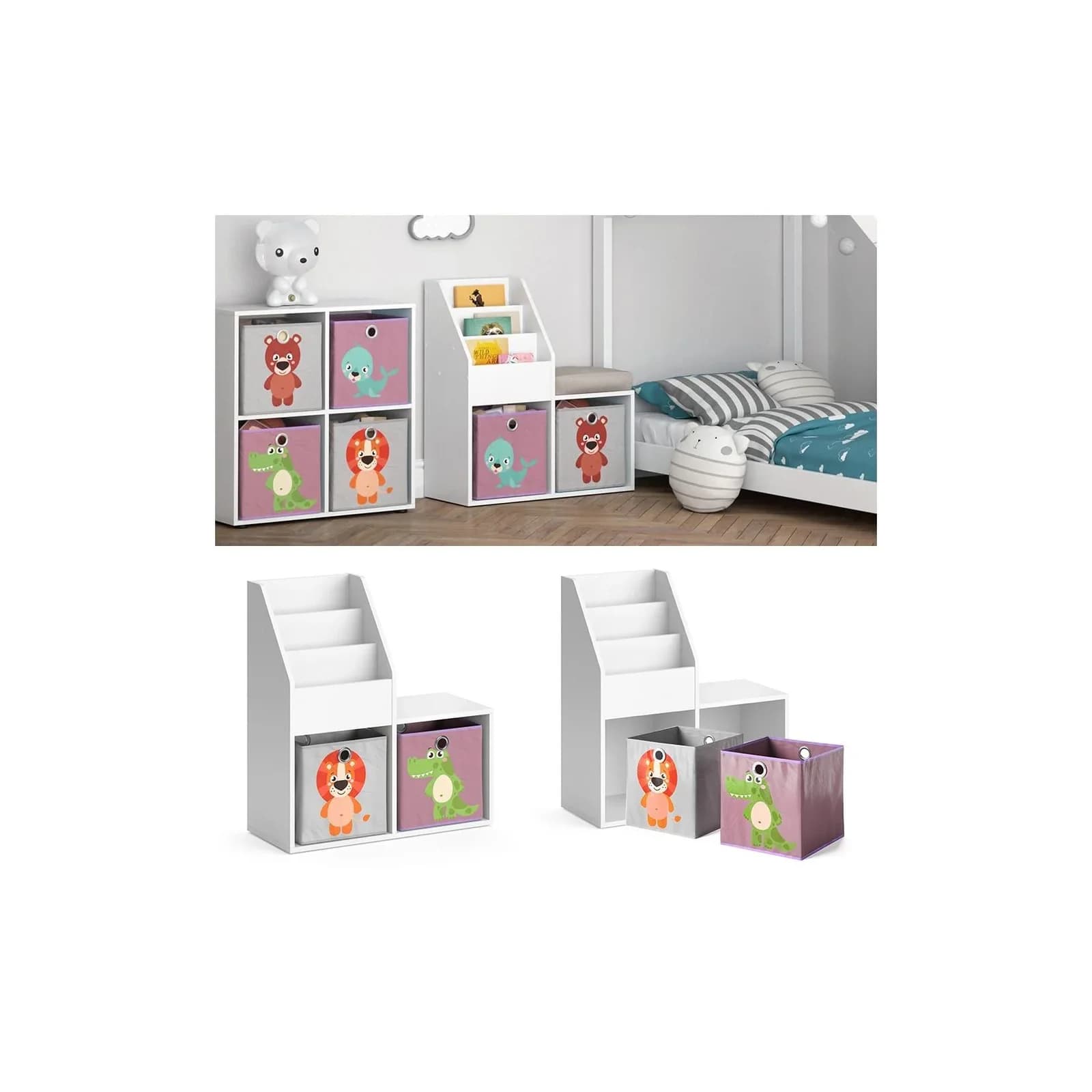 Vicco Kinderregal Luigi Weiß mit Faltboxen & Sitzbank