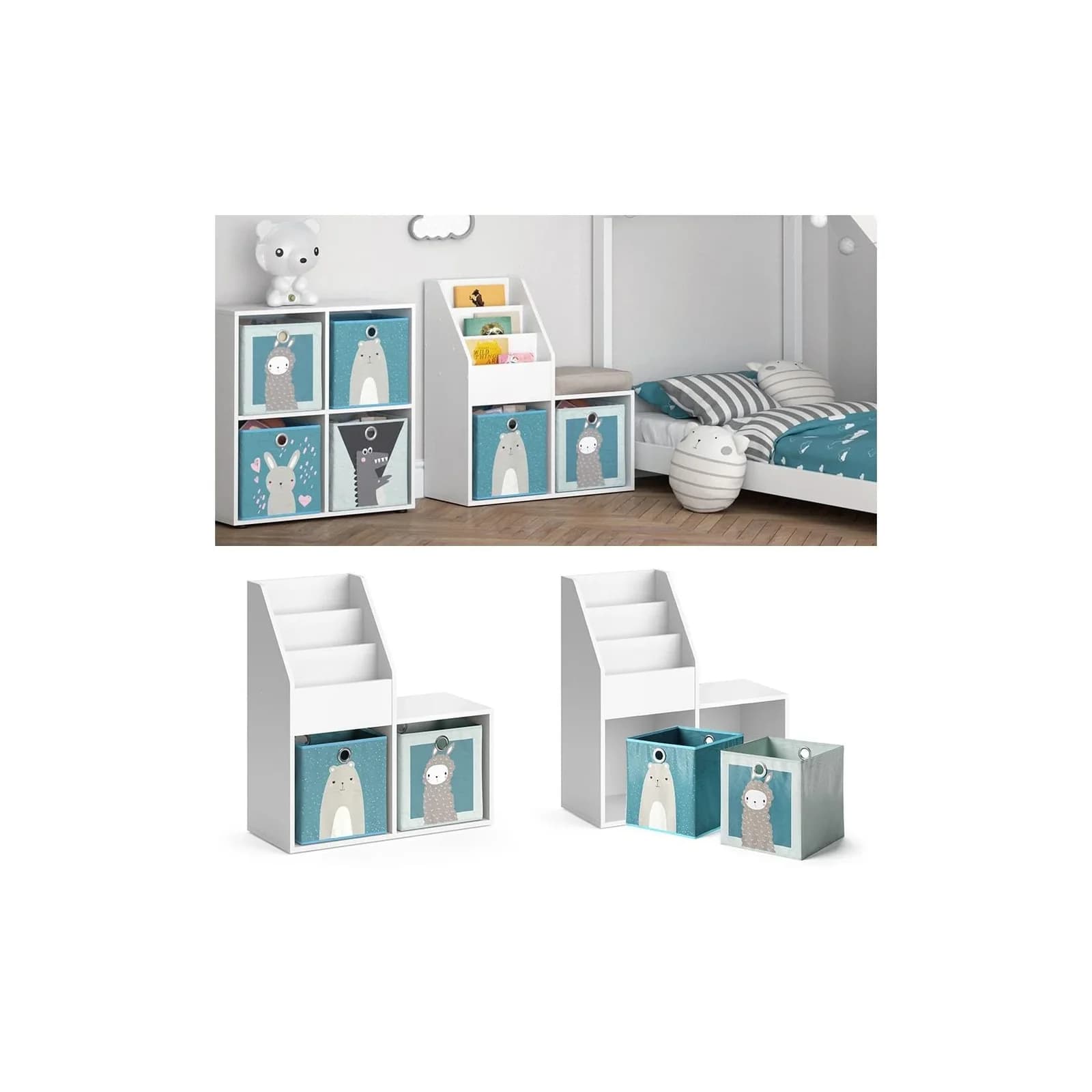 Vicco Kinderregal Luigi Weiß mit Sitzbank und 2 Faltboxen