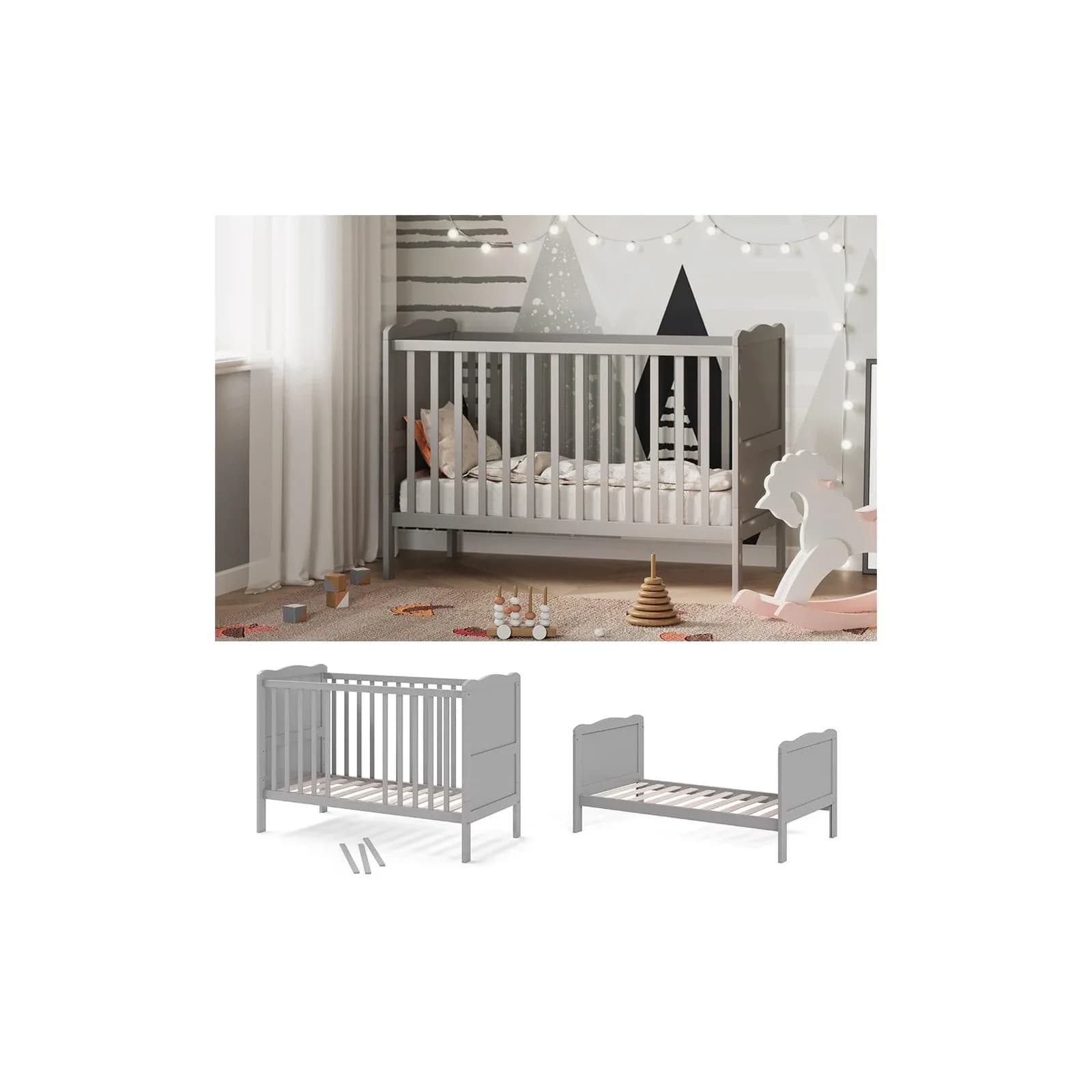 VitaliSpa® Babybett Tobi Grau Umbaubares Gitterbett mit Rausfallschutz