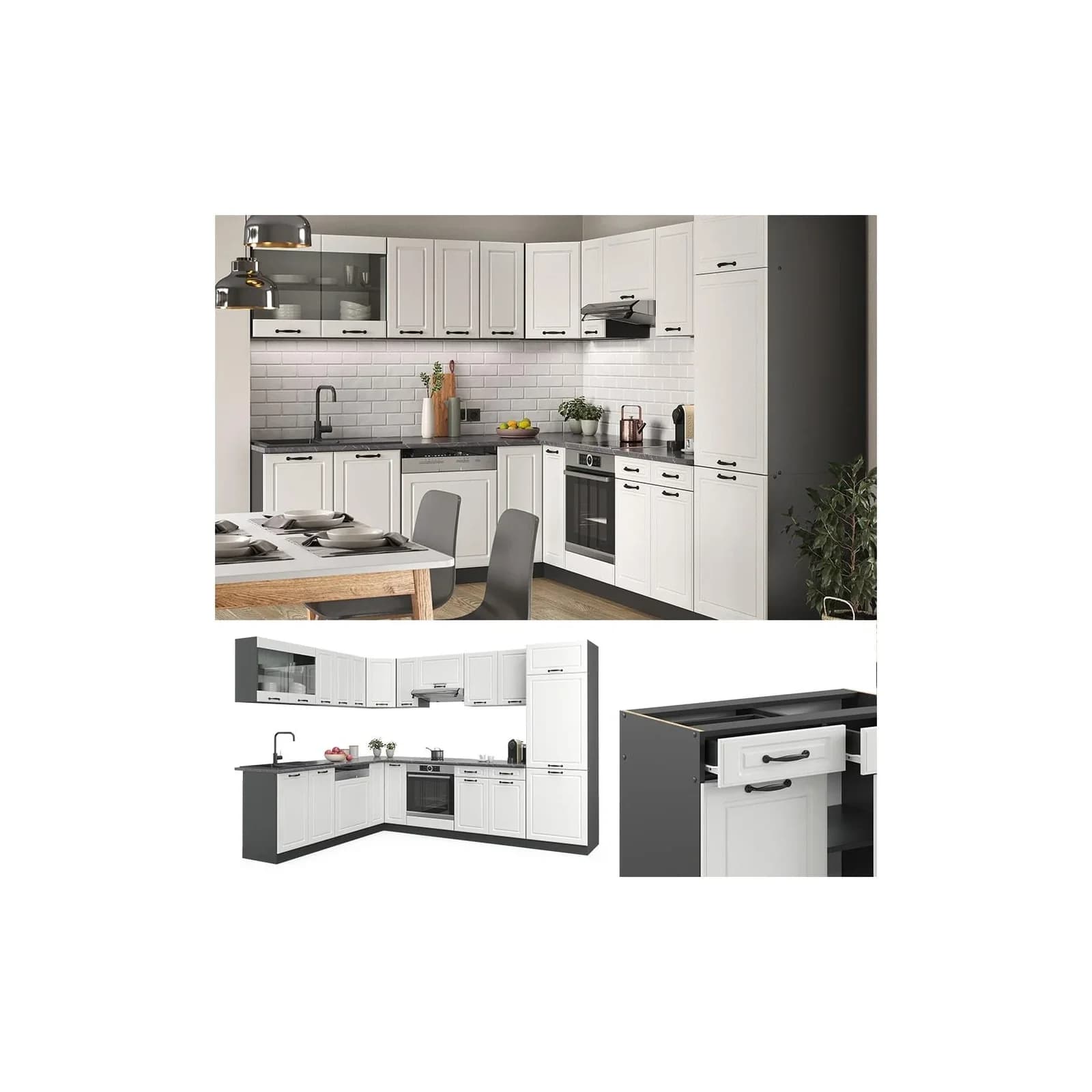 Vicco Küchenzeile R-Line Ecke 287 cm Landhaus Anthrazit
