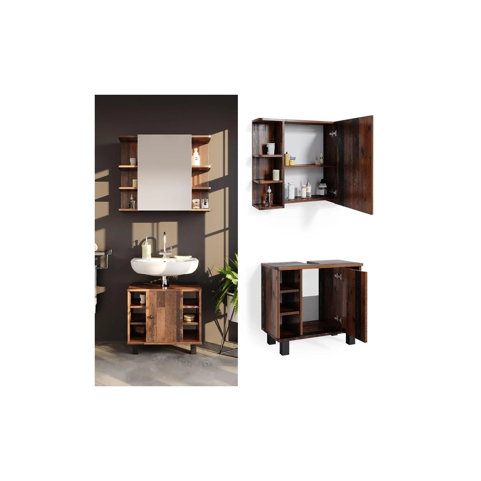Vicco Badmöbelset Fynn Old Style Waschtischunterschrank Spiegelschrank Weiß