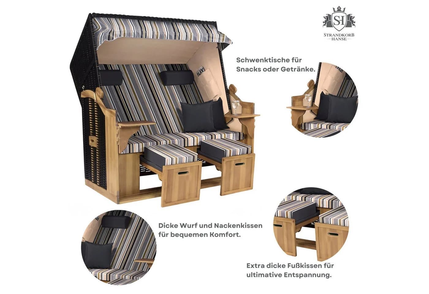 Strandkorb Hanse Ostsee XXL 2,5-Sitzer Schwarz Anthrazit Wacholder - Bild 5