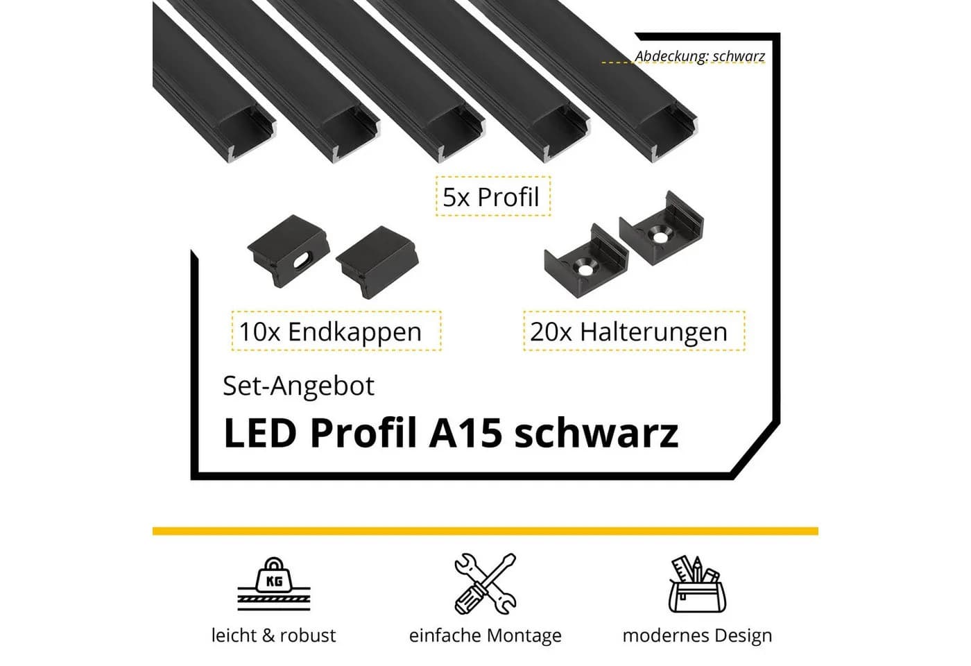 tktrading24 LED-Stripe-Profil A15 Schwarz 5x 2m inkl. Zubehör
