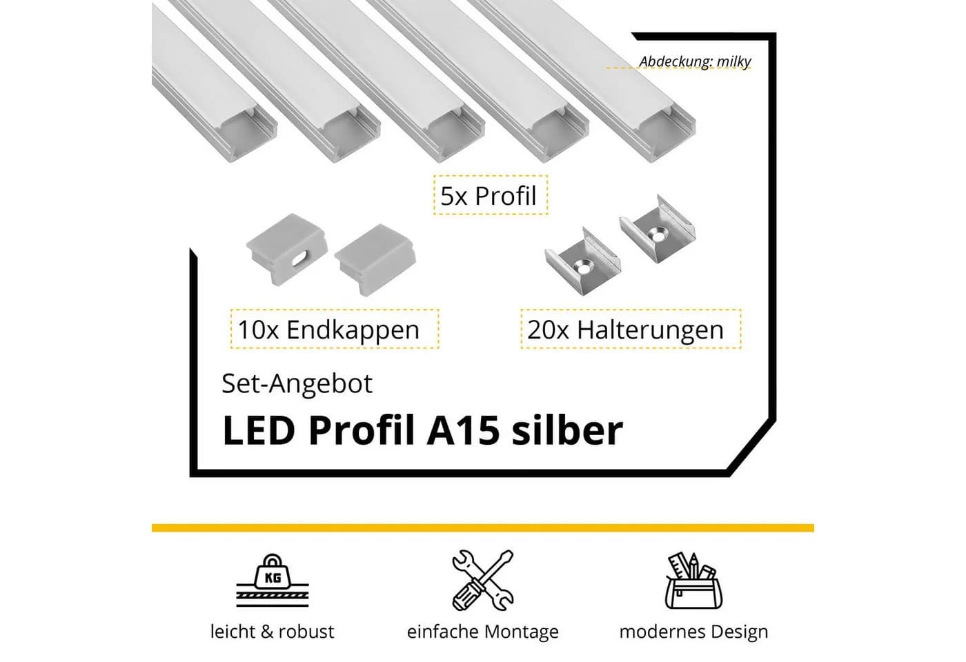 tktrading24 LED-Stripe-Profil 5x A15 LED Profil 2m Silber inkl. Abdeckung, Halter & Endkappen