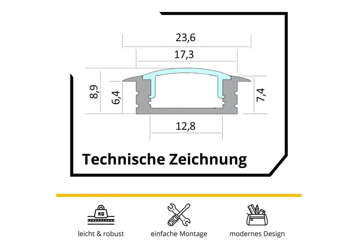 tktrading24 LED-Stripe-Profil A25 Schwarz mit Abdeckung - Premium Einbauprofil