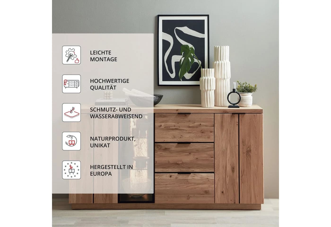 Innostyle Donna Sideboard Wildeiche Bianco Anthrazit 3-türig 3 Schubladen - Bild 4