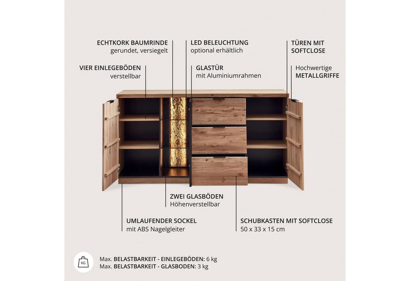 Innostyle Donna Sideboard Wildeiche Bianco Anthrazit 3-türig 3 Schubladen - Bild 5
