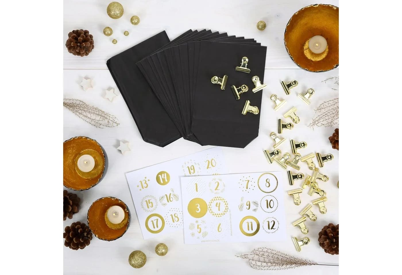 PAPIERDRACHEN Befüllbarer Adventskalender Extravaganter Adventskalender zum Befüllen - Elegance, mit 24 goldenen Metallklammern und 24 Zahlenaufkleber - Bild 5