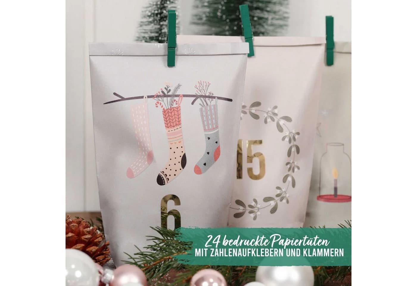 PAPIERDRACHEN befüllbarer Adventskalender mit 24 Tüten, Aufklebern & Klammern
