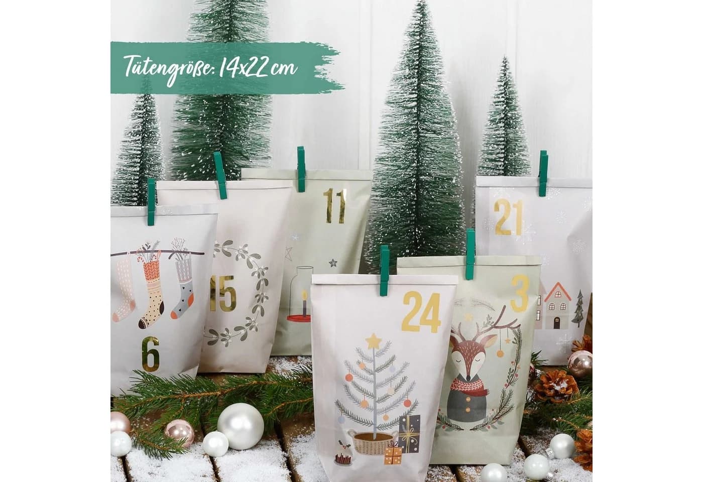PAPIERDRACHEN befüllbarer Adventskalender mit 24 Tüten, Aufklebern & Klammern - Bild 3