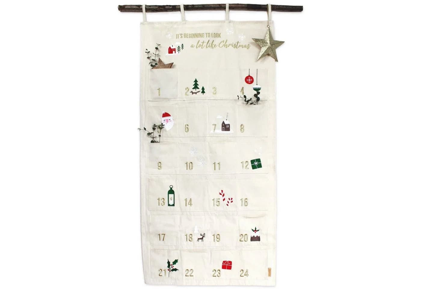 PAPIERDRACHEN befüllbarer Adventskalender Wandteppich aus Stoff beige/goldfarben - Bild 2